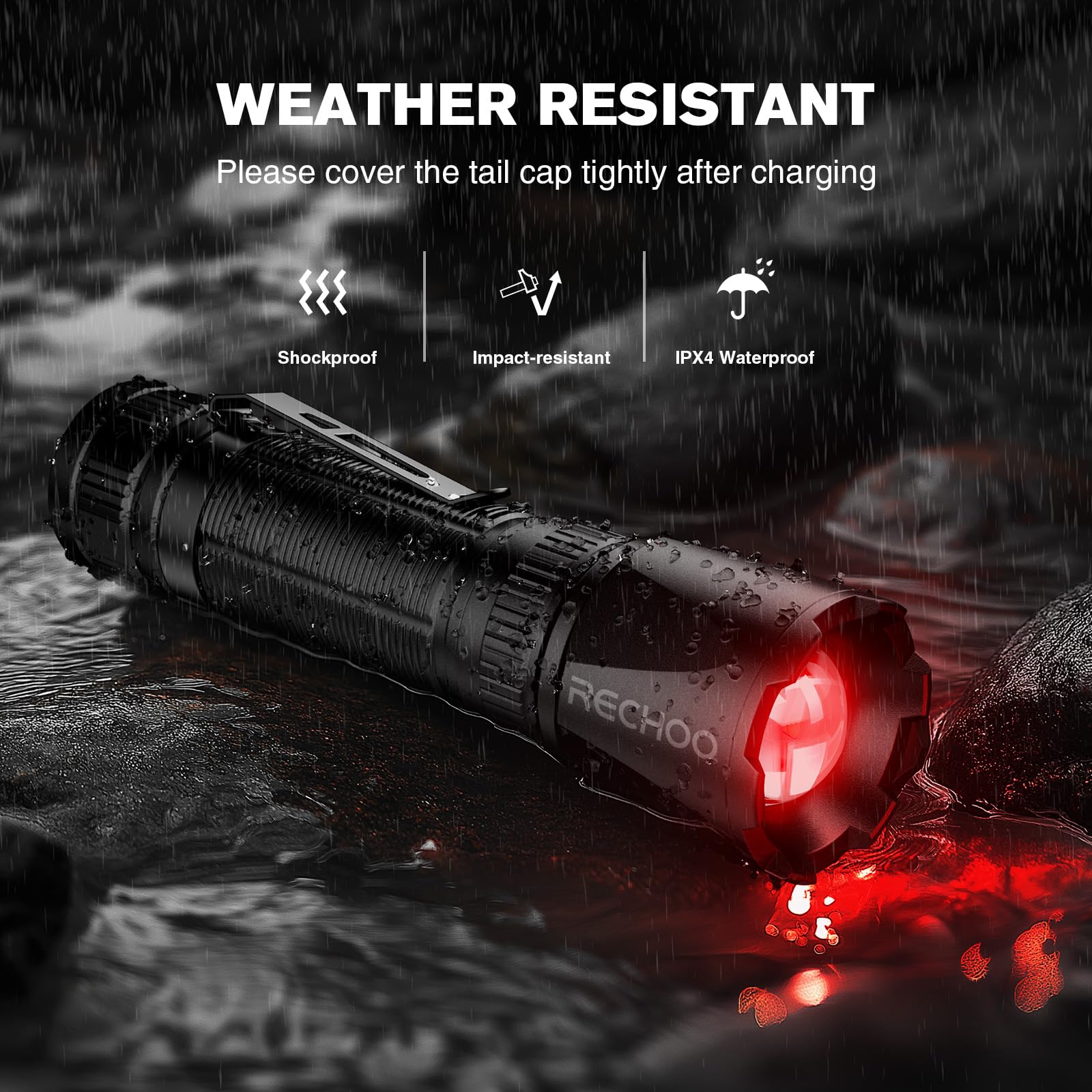 RECHOO military-grade aluminum red light flashlight for durable outdoor use