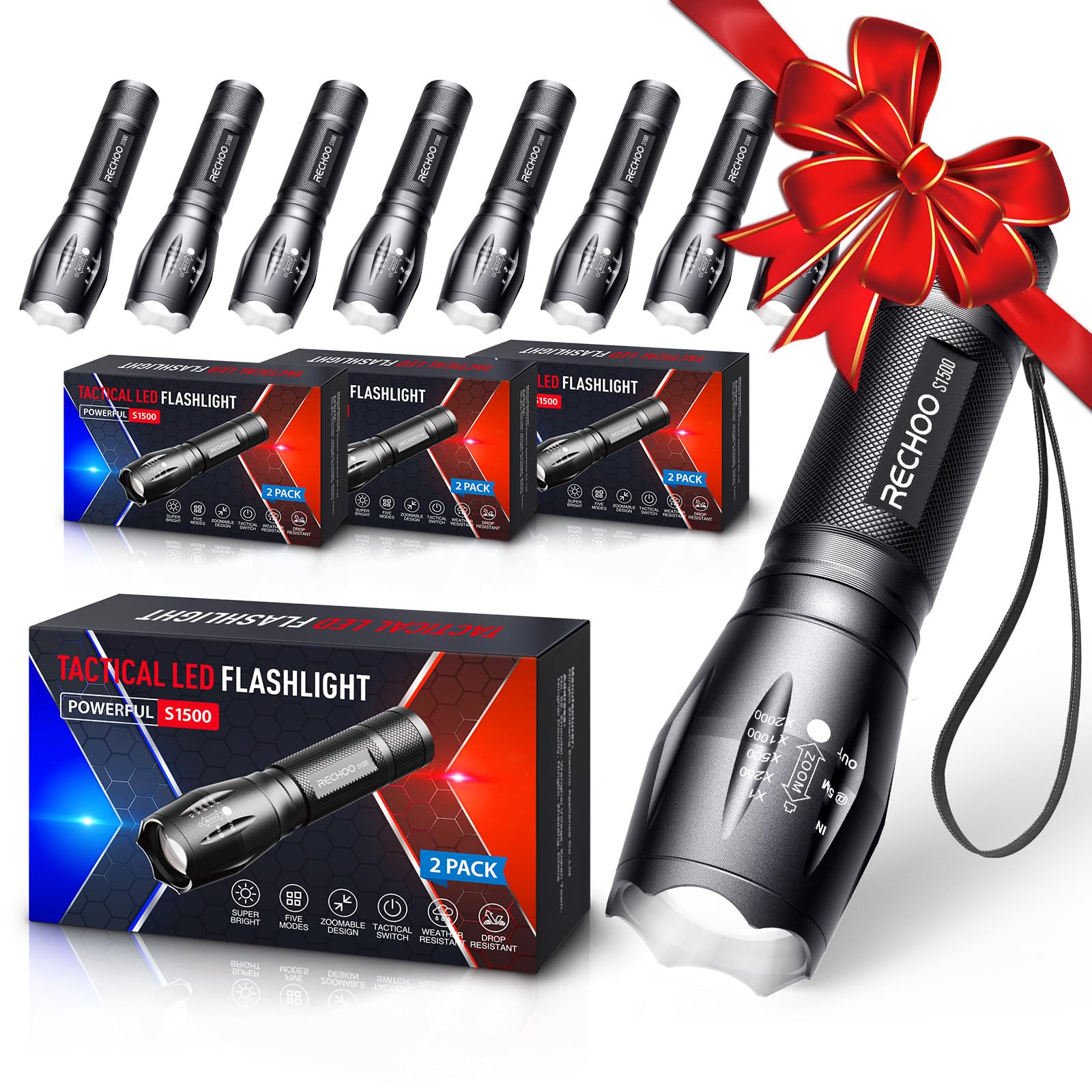 RECHOO S1500 front view showcases a compact, bright flashlight.