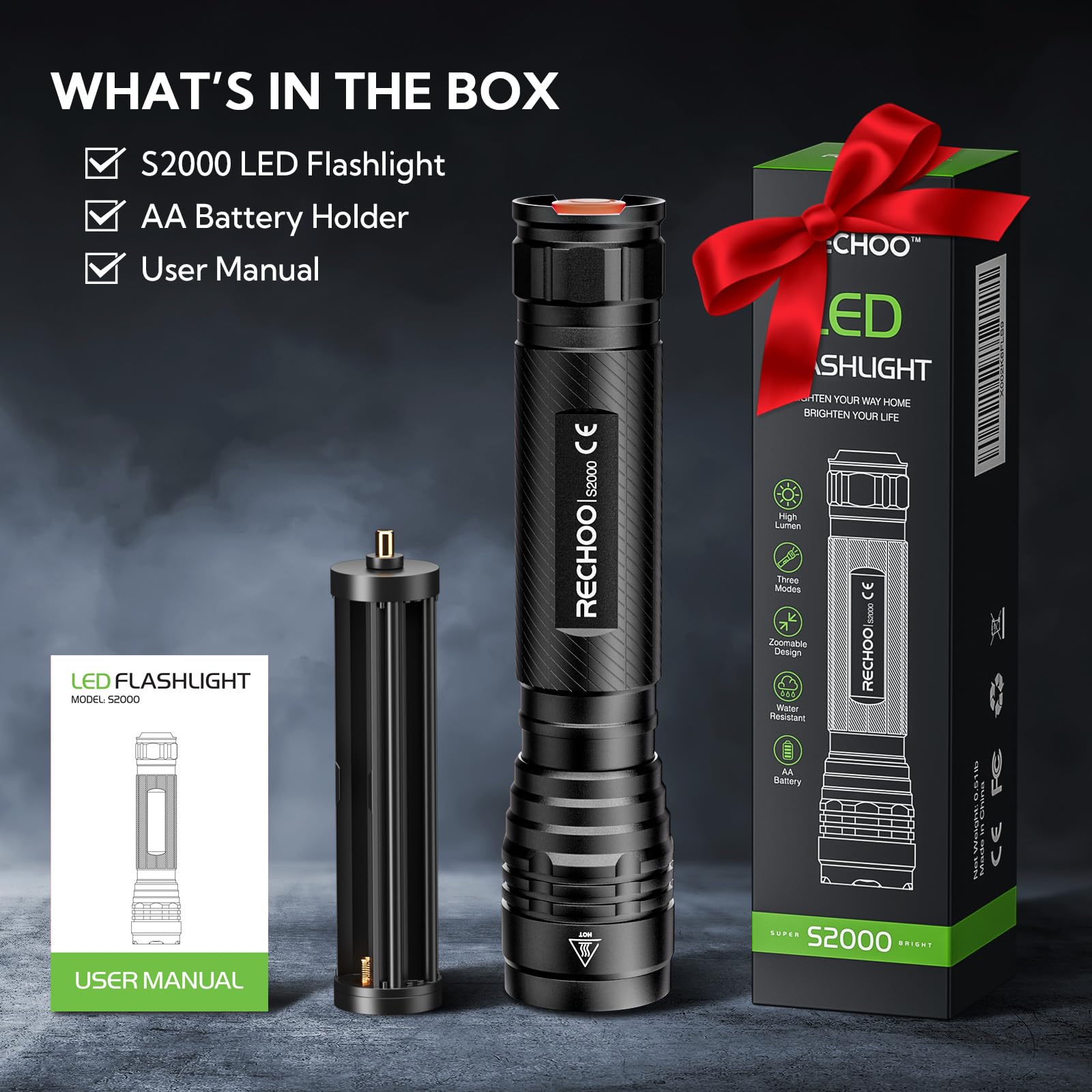 RECHOO S2000 runs on four AA batteries for long runtimes in low mode