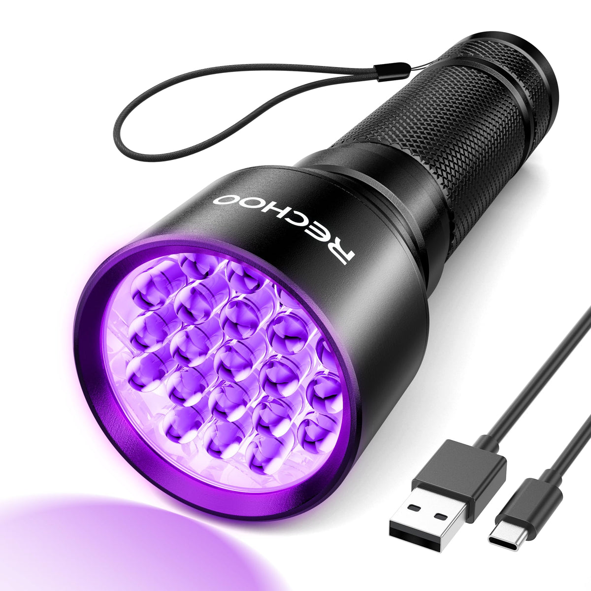 RECHOO UV Flashlight with 21 LEDs shows 395nm fluorescence for quick stain detection.