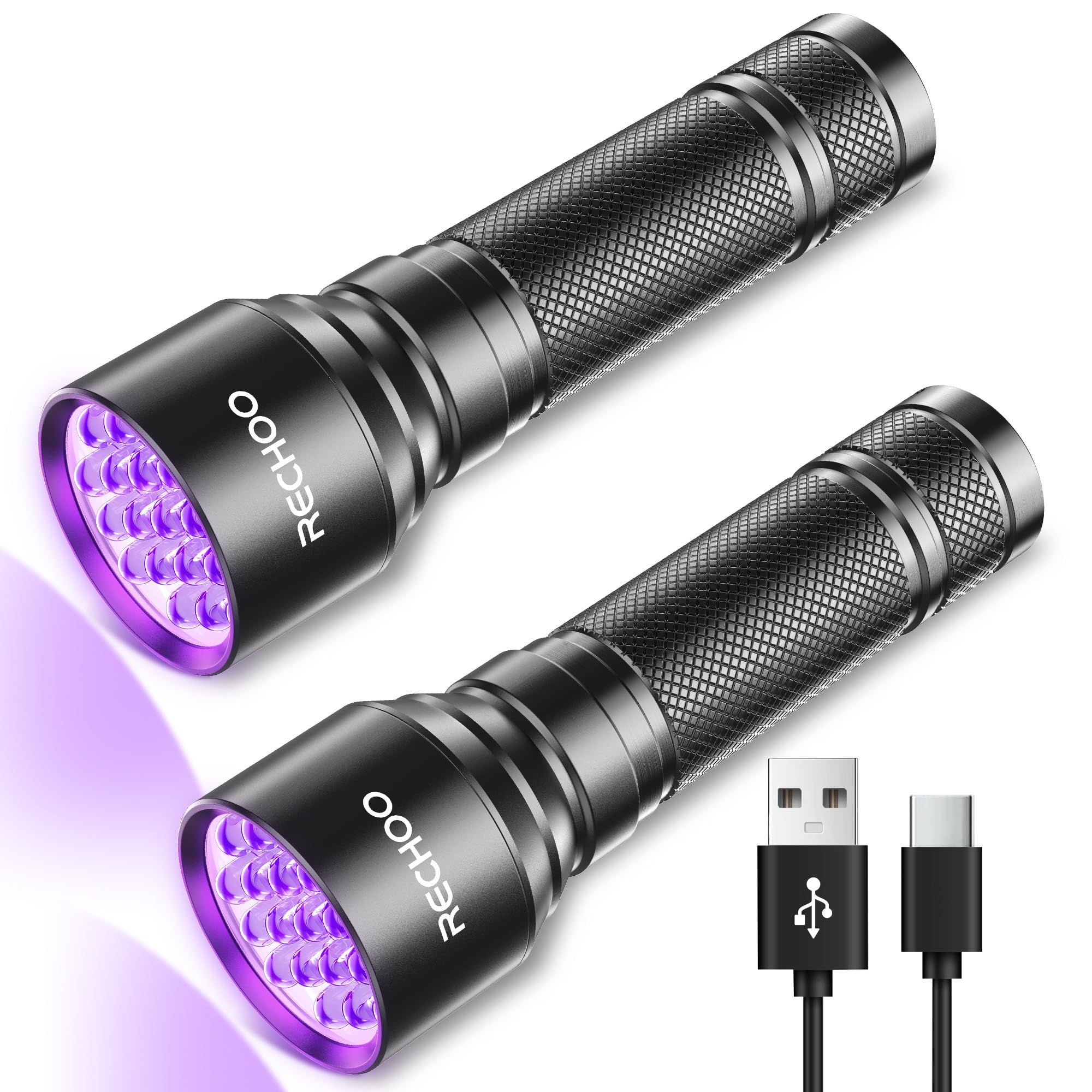 RECHOO UV Flashlight front view with 21 LEDs for stain detection and fluorescence reveal.