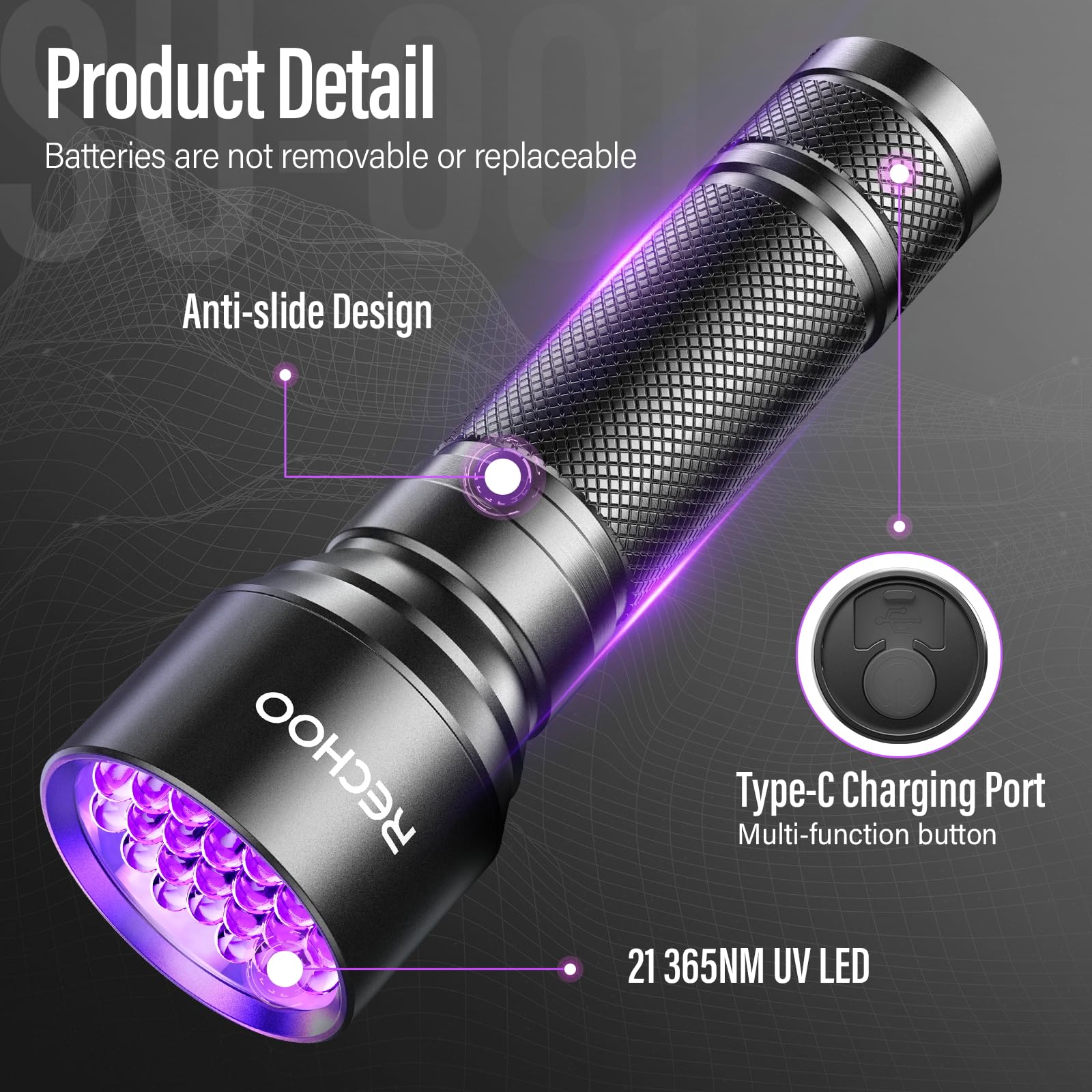 RECHOO UV Flashlight shown charging via USB-C for easy recharging.