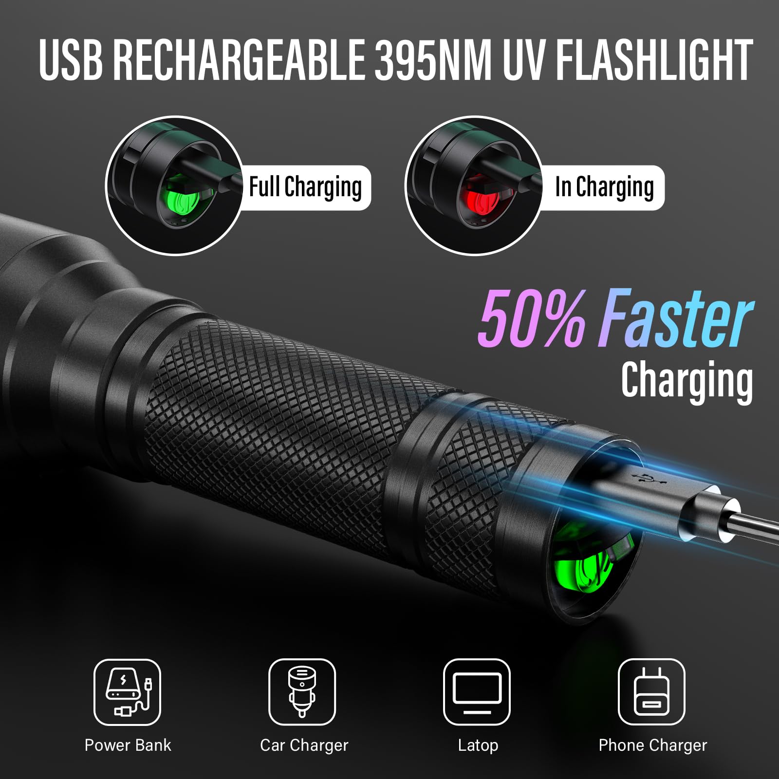 RECHOO UV Flashlight Type-C rechargeable for convenient power on the go.