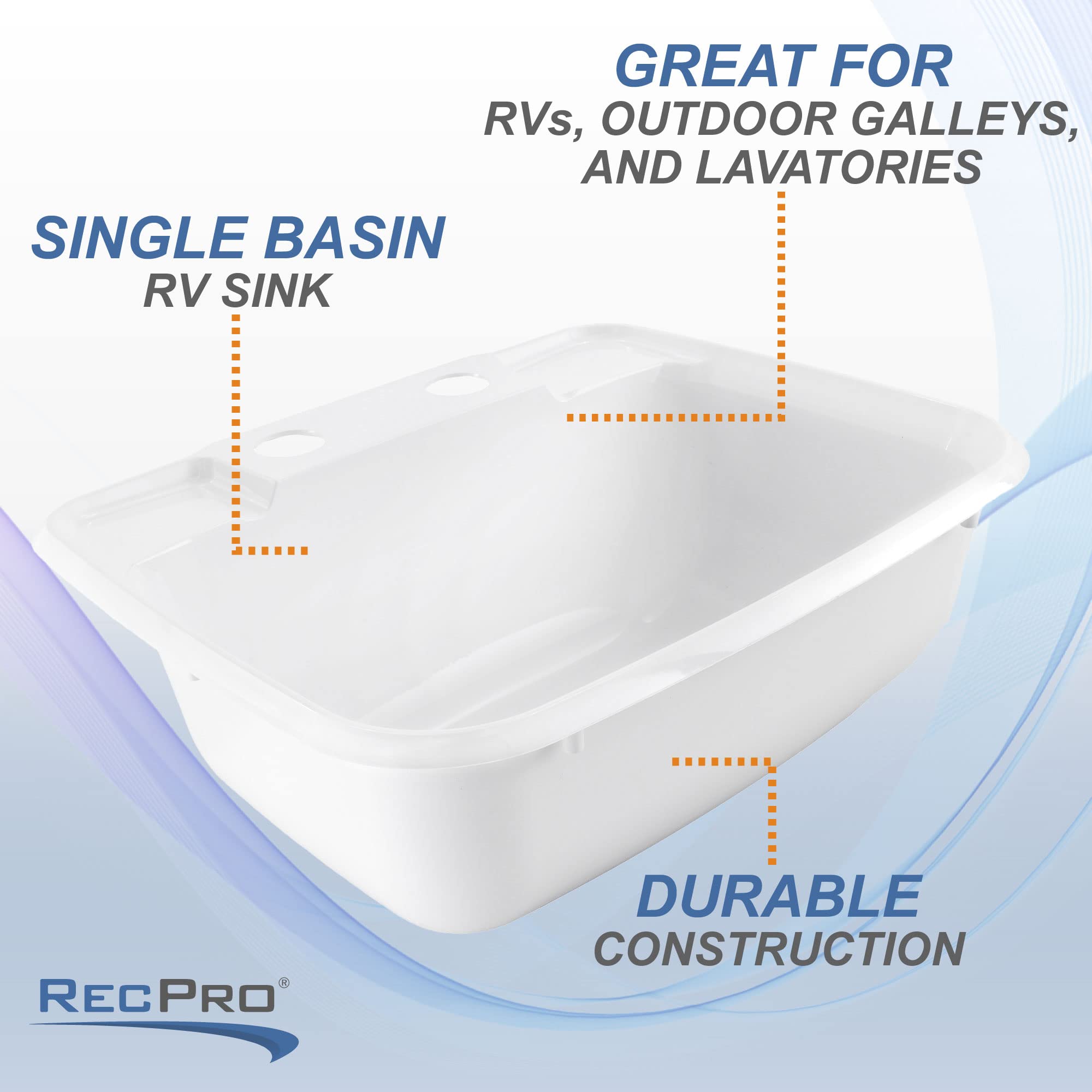 RecPro sink inside bowl shows smooth white plastic surface that's quick to wipe.