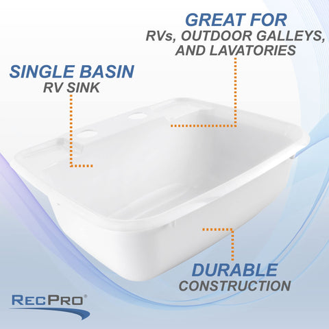 RecPro sink inside bowl shows smooth white plastic surface that's quick to wipe.