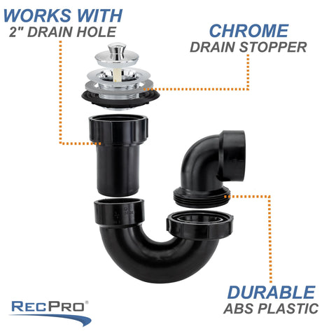 RecPro RV shower drain P-trap outlet guiding water toward gray tank
