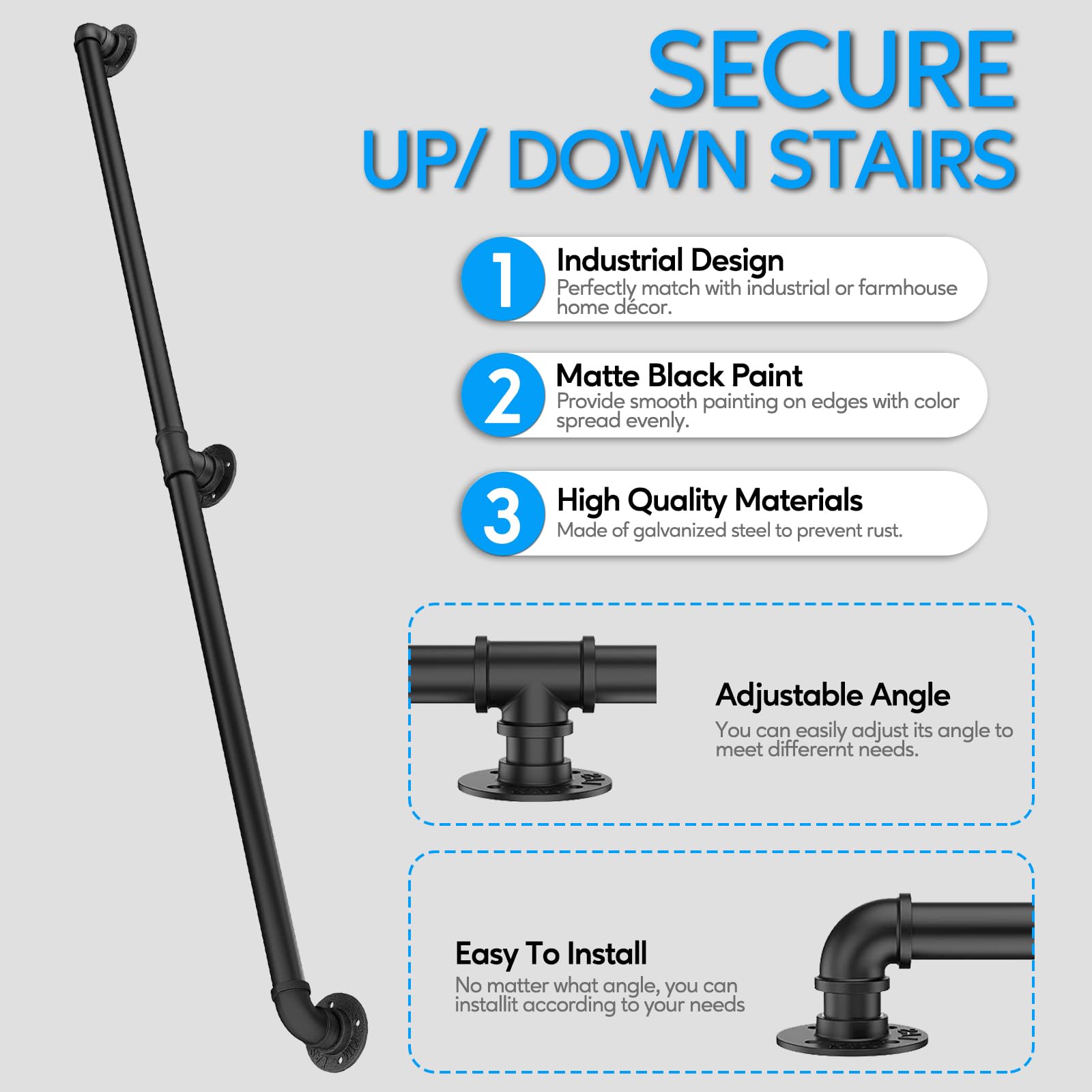 Rectoo wrought-iron handrail kit offers sturdy mounting for long-lasting safety.
