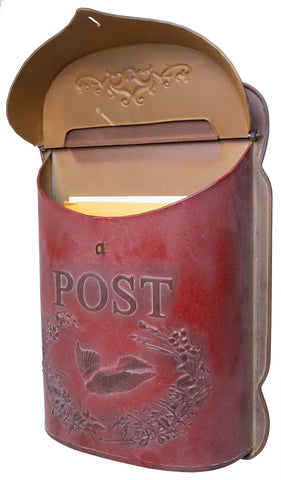 Red Co. mailbox lid open display showing mail access and decor potential.
