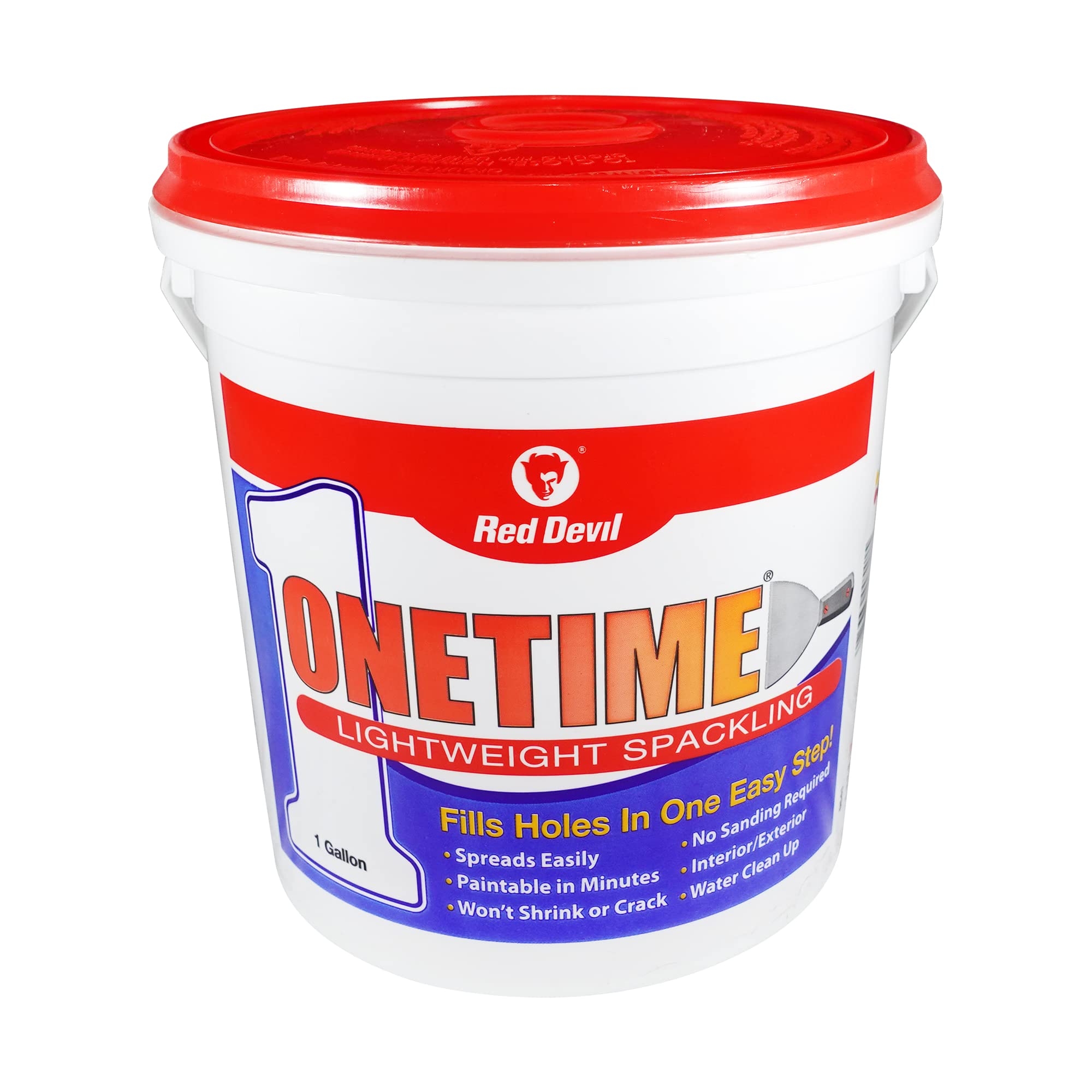 Red Devil ONETIME spackle container for quick, durable wall repairs.