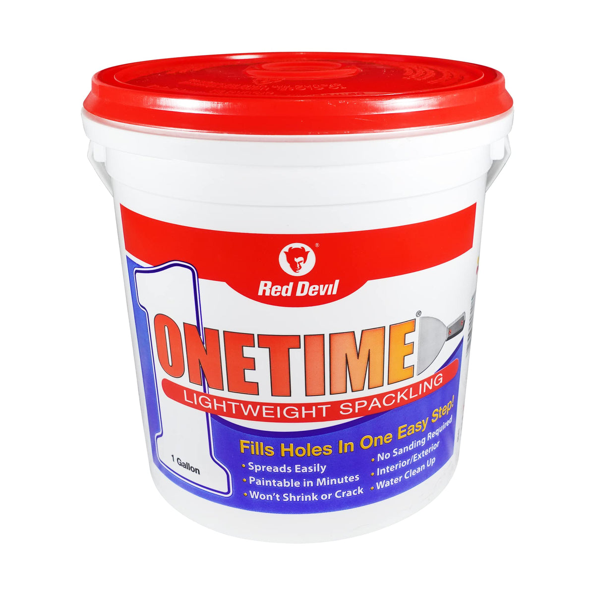 Red Devil ONETIME spackle container for quick, durable wall repairs.