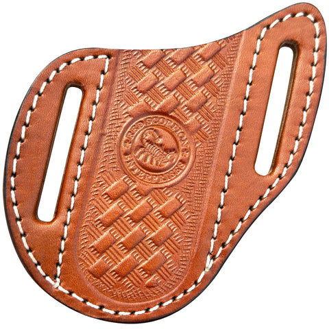 Red Scorpion knife sheath belt clip holds folding knives securely for quick access.