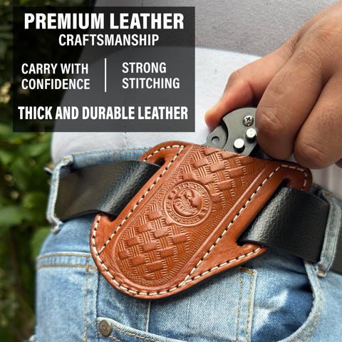 Red Scorpion multipurpose EDC holster suitable for bushcraft and work tools.
