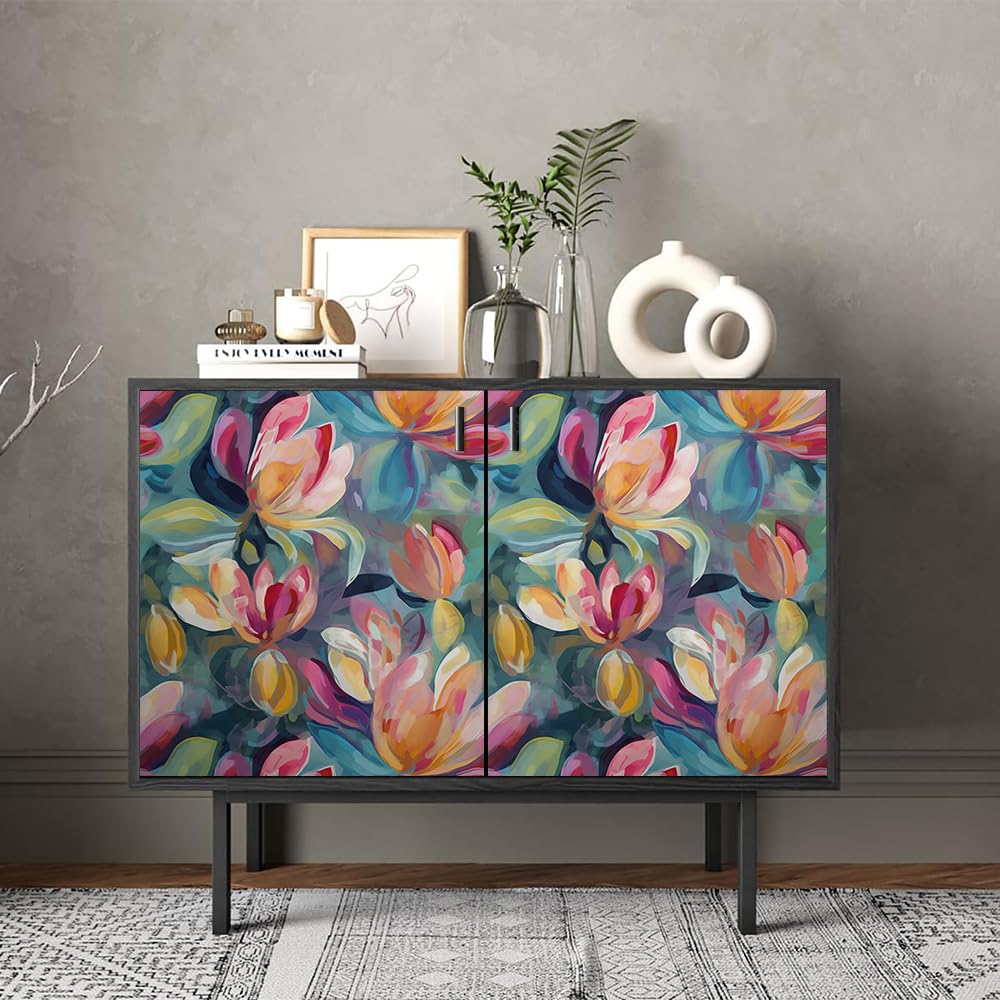 Redamancy Dark background floral wallpaper creates a vintage vibe on furniture.