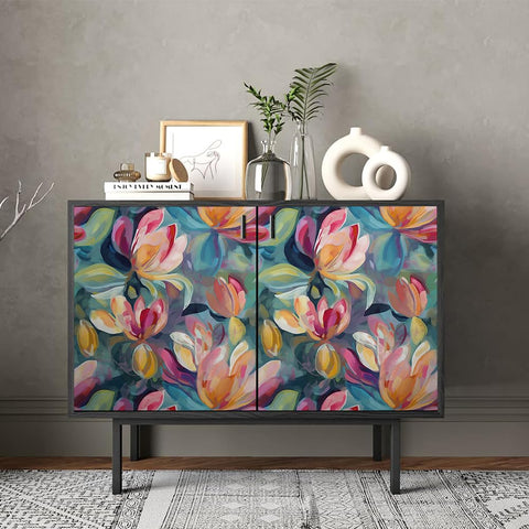 Redamancy Dark background floral wallpaper creates a vintage vibe on furniture.