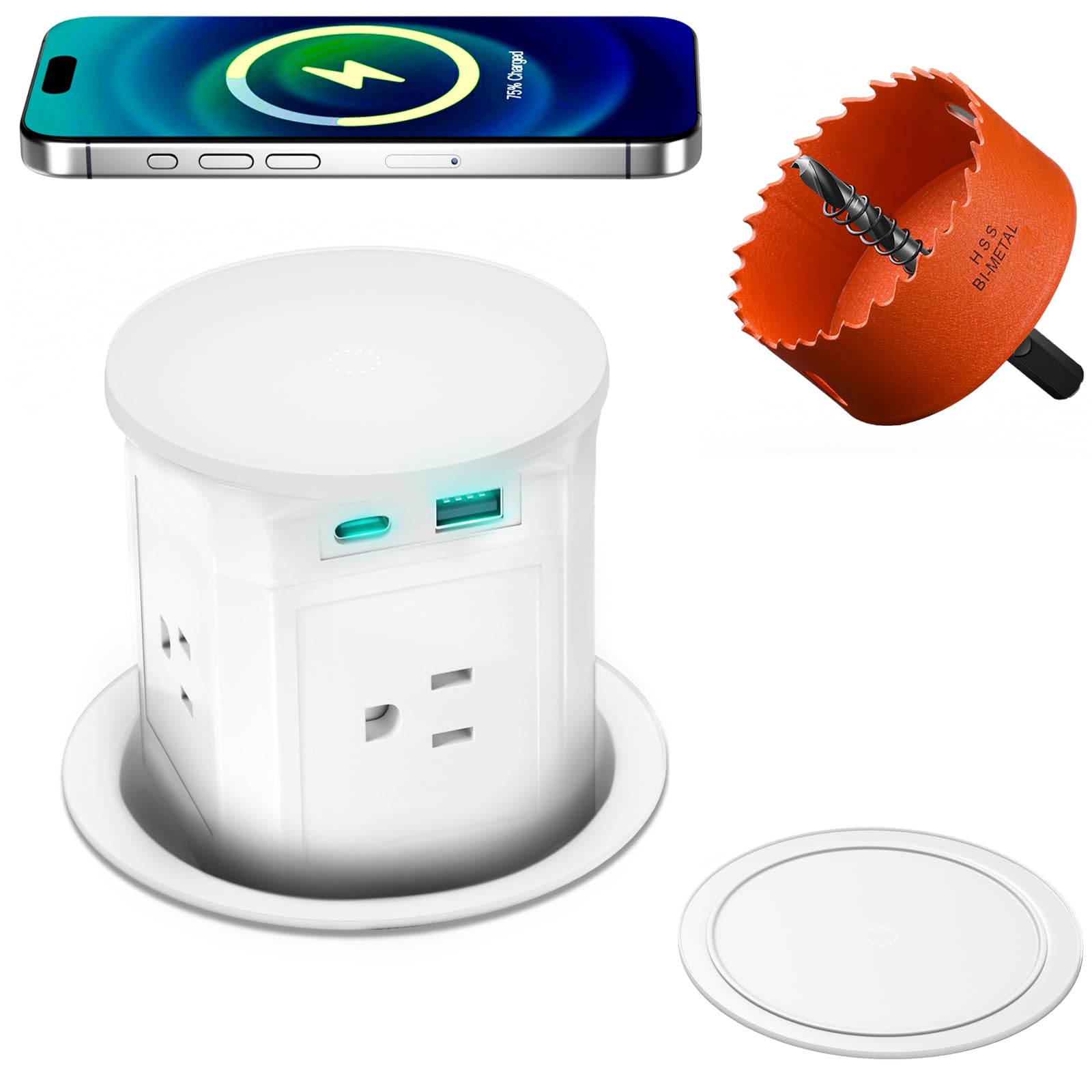 Redcomets pop-up countertop outlet with 15W wireless charger for clutter-free charging