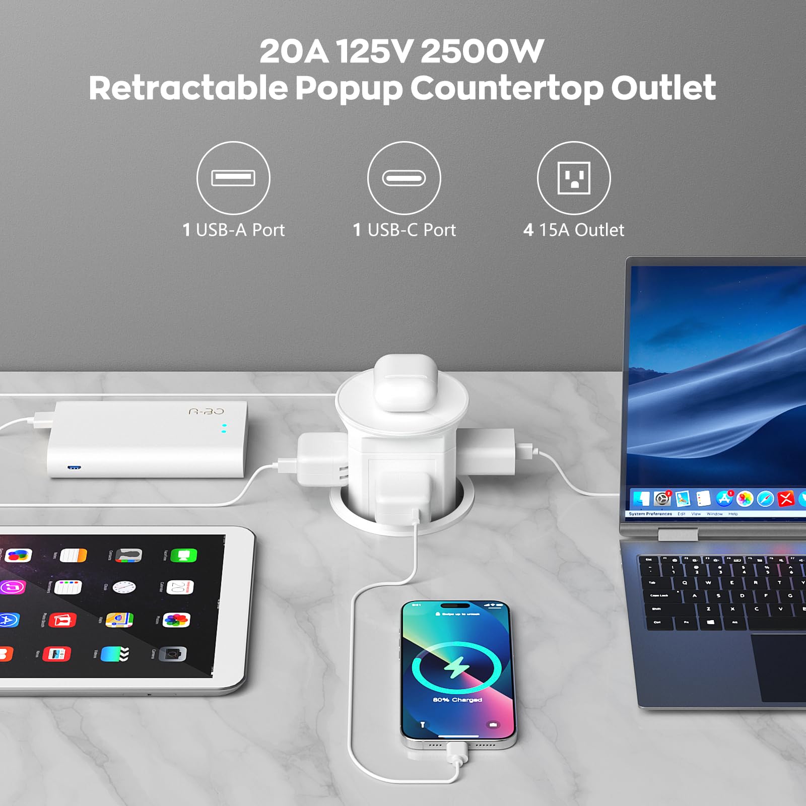 Redcomets outlet features 4 outlets and 20W USB-C/USB-A for multiple devices