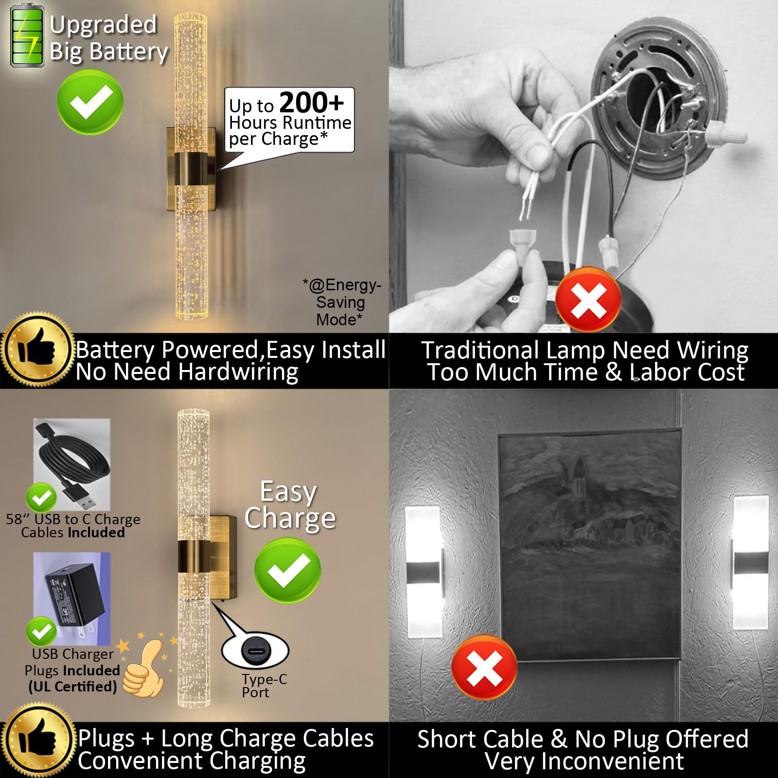 Reddragon Lighting battery-operated wall sconces with crystal details offer flexible placement without cords.