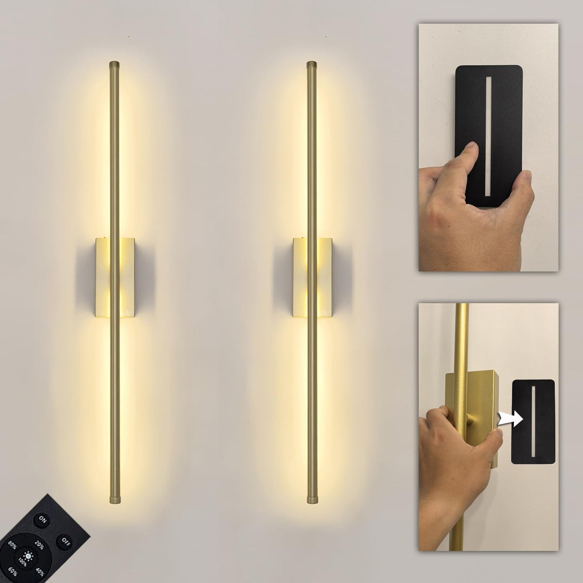 Reddragon Lighting battery-powered wall sconce with slim gold front view, cordless setup for flexible placement