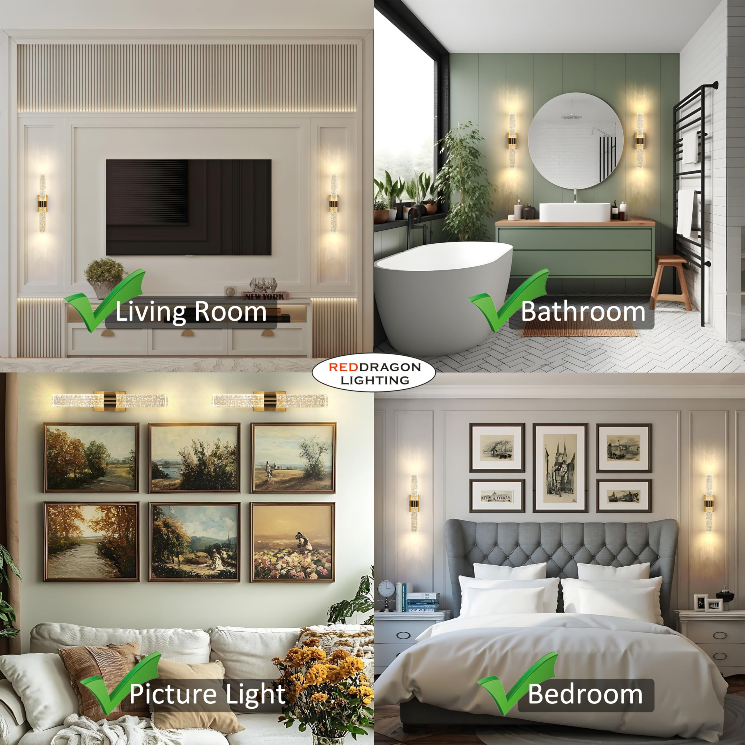 Reddragon Lighting brushed gold crystal wall sconces provide a slim premium look for bedrooms and corridors.