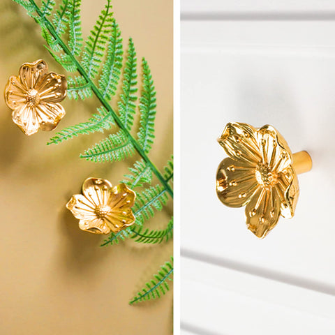Redeam gold flower knob on a bookcase reflects ornate vintage style