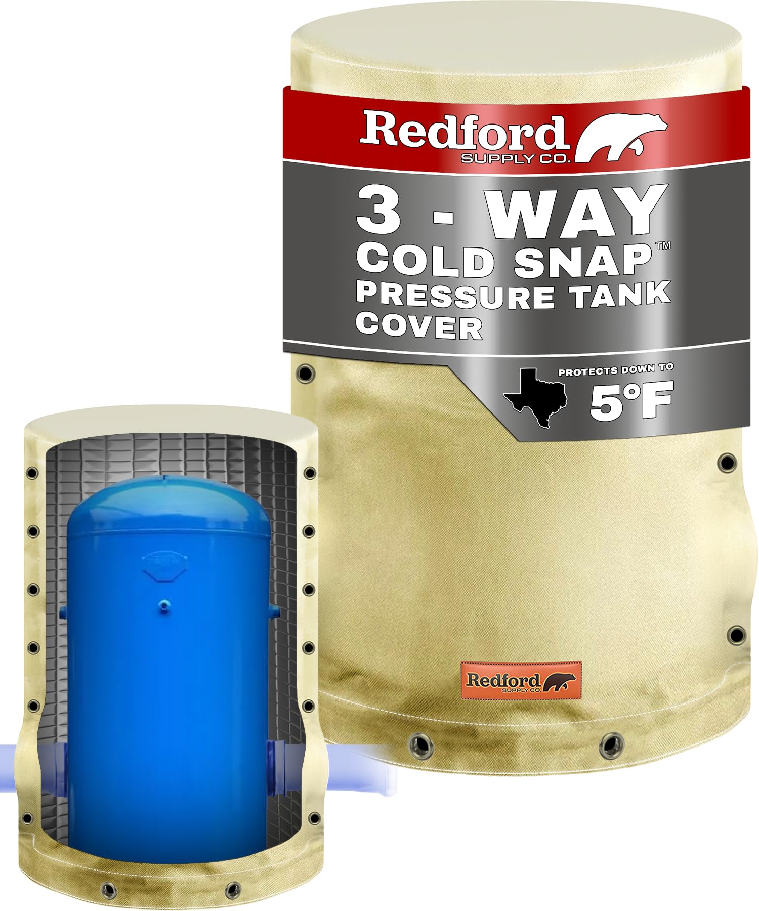 Redford Supply Co. Cold Snap round tank cover shields 28-inch tanks from sun and weather.