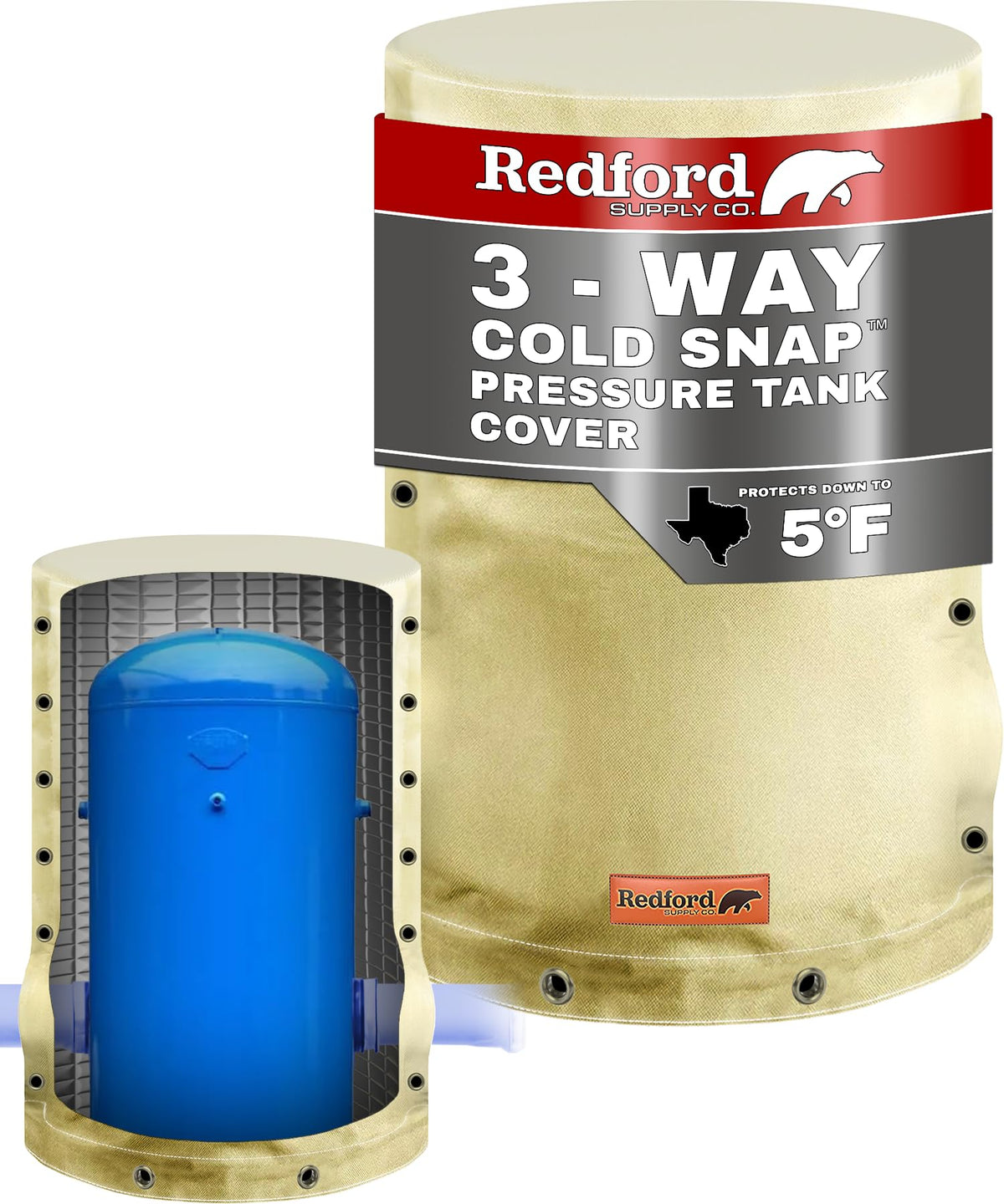 Redford Supply Co. Cold Snap round tank cover shields 28-inch tanks from sun and weather.