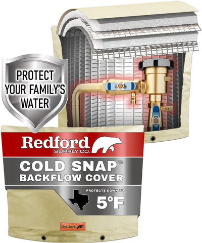 Redford Supply Co. Cold Snap front view with beige backflow cover safeguarding outdoor valves.