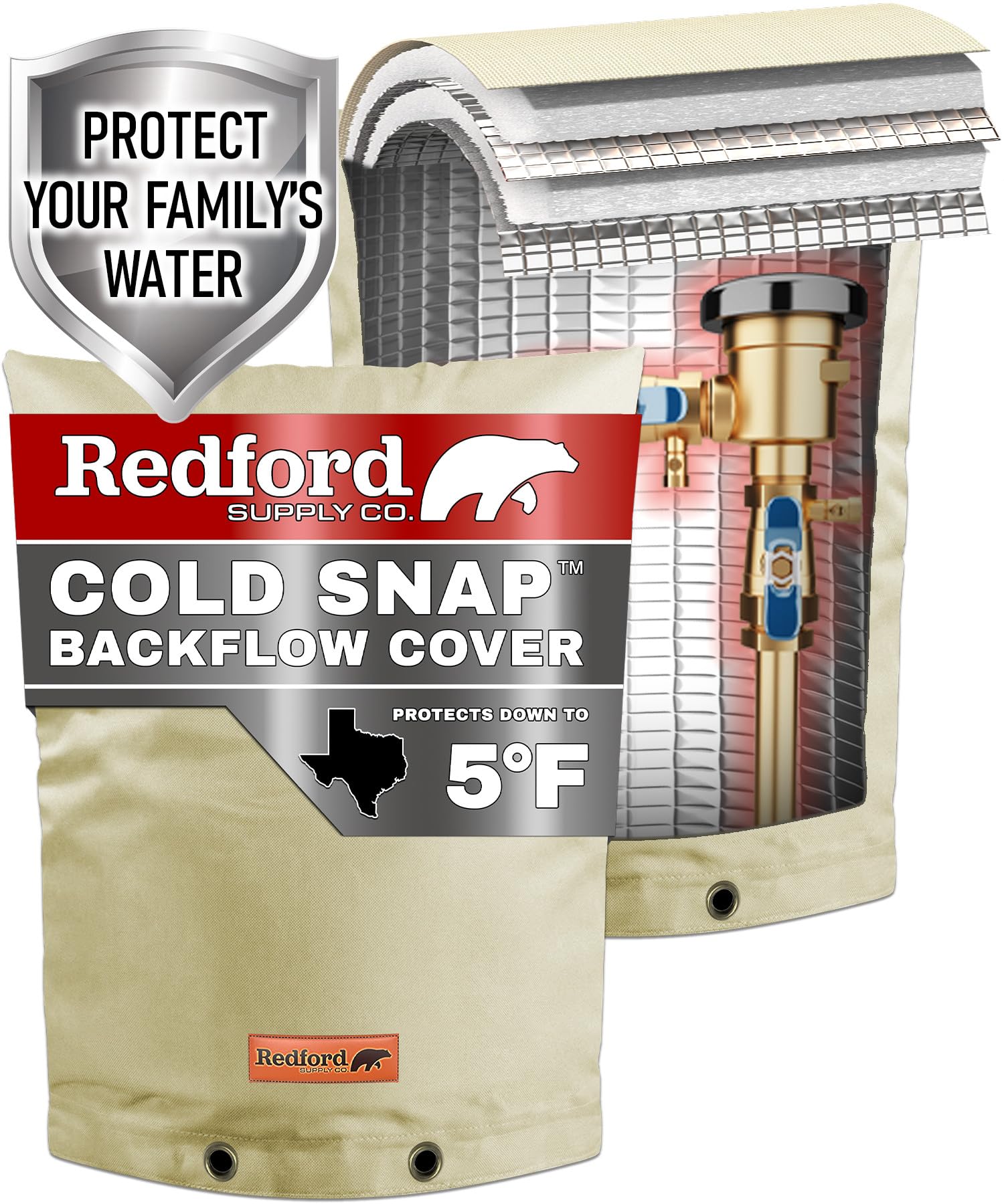 Redford Supply Co. Cold Snap cover, front view, shields backflow valve from sun and weather