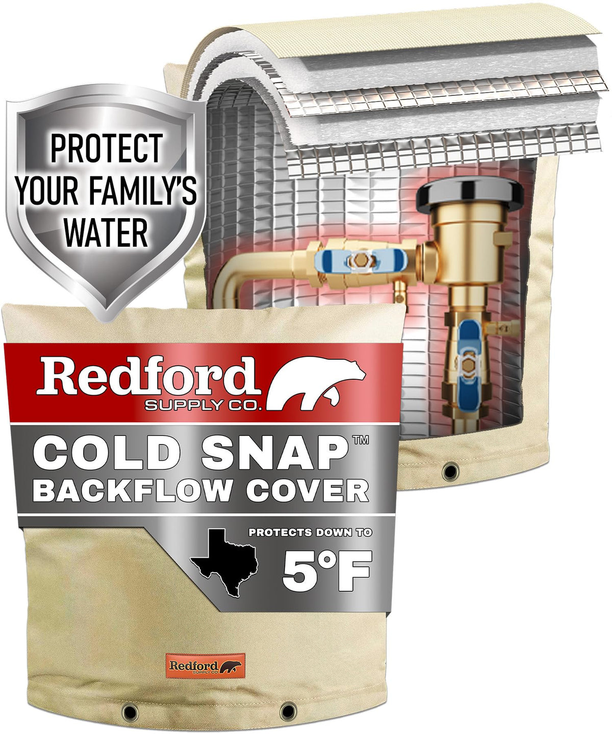 Redford Supply Co. Cold Snap front view showing outdoor backflow cover protecting valves