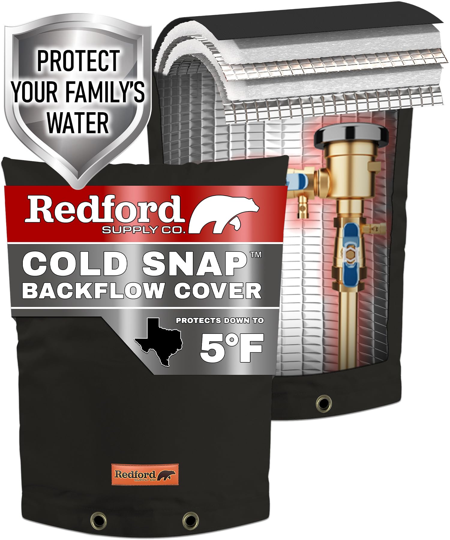 Redford Supply Co. Cold Snap cover on outdoor backflow preventer protects from sun and weather.