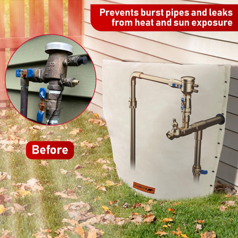 Cold Snap cover with UV-resistant shell shields outdoor backflow components.