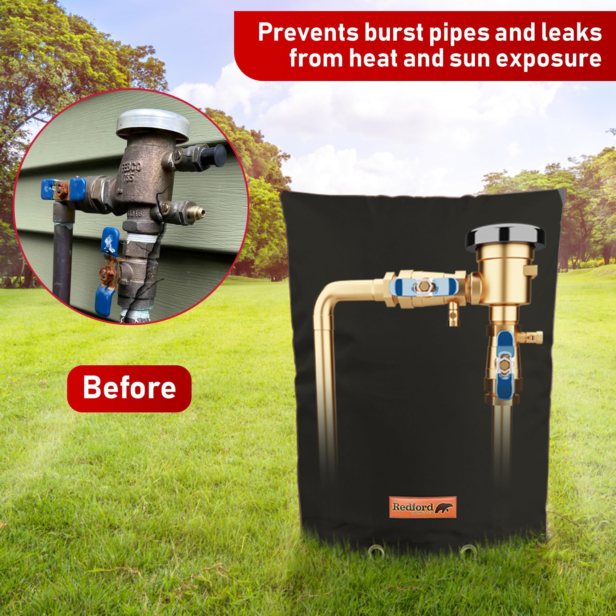 Cold Snap backflow cover close-up showing UV-resistant exterior protecting from sun damage.