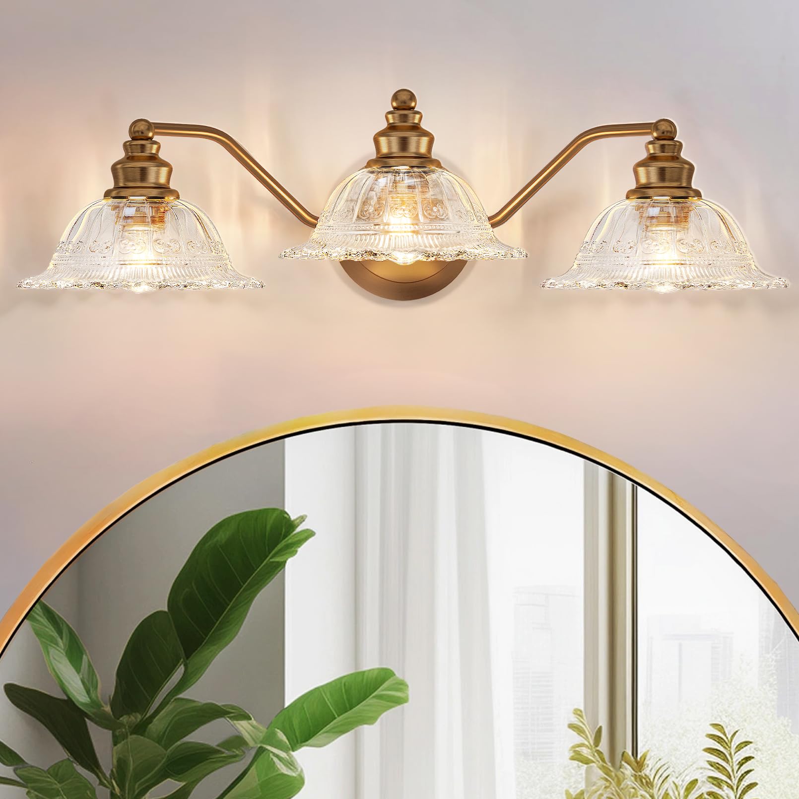 Redluck vintage vanity light with crystal shade casting a warm glow over mirrors