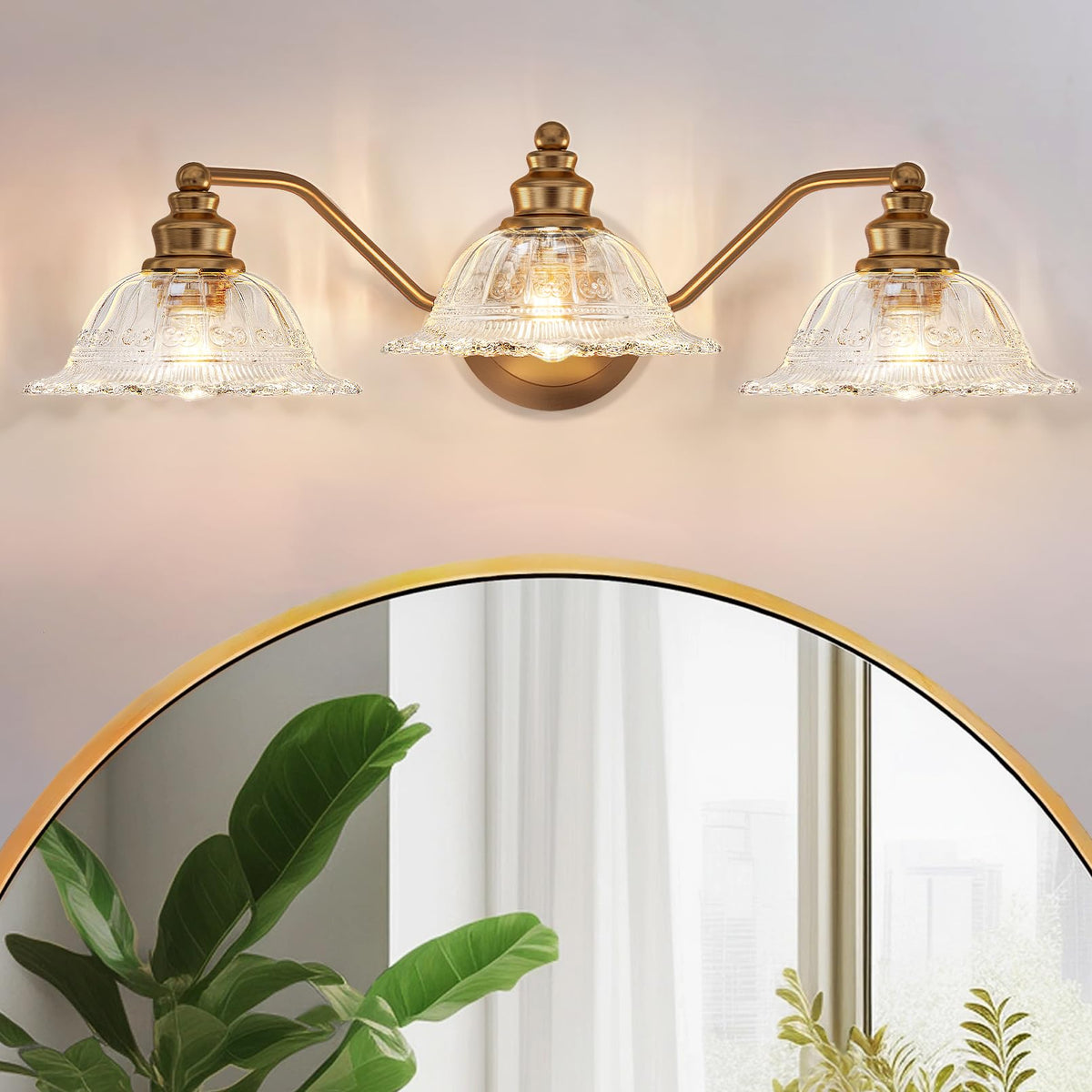 Redluck vintage vanity light with crystal shade casting a warm glow over mirrors