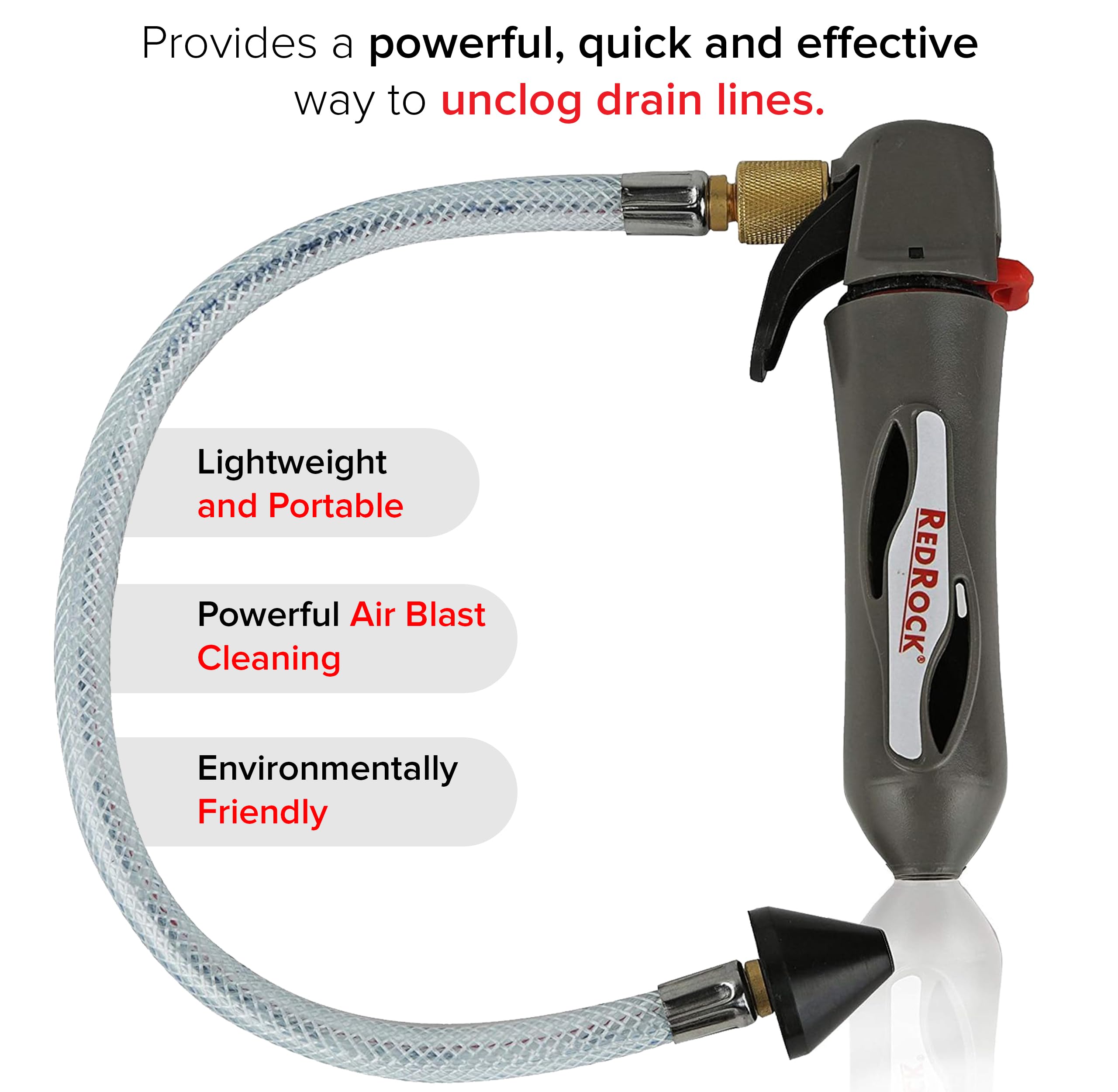 RedRock Drain Gun with flexible hose reaches tight condensate lines effortlessly