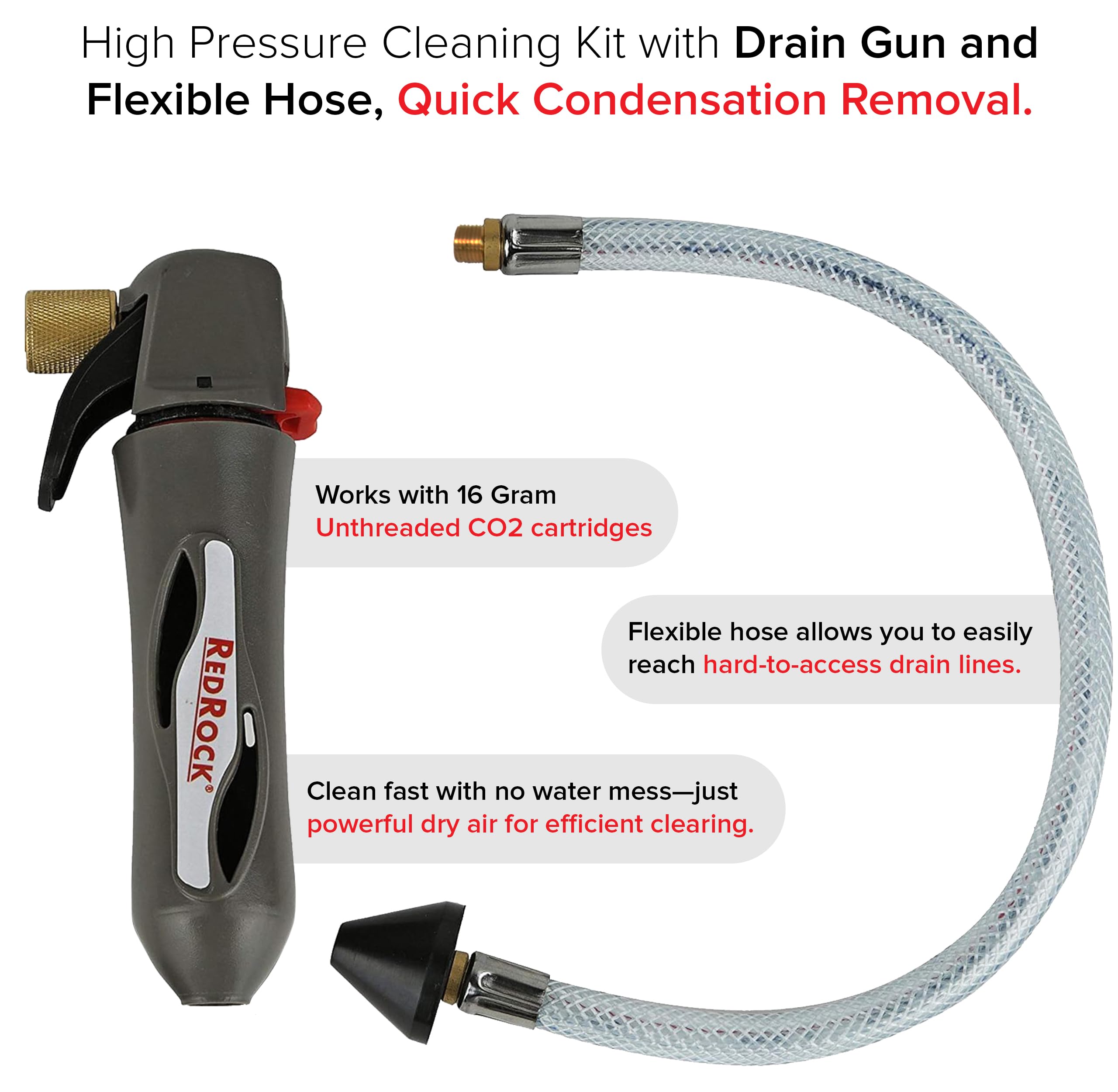 RedRock Gallo Drain Gun 800 psi blast demonstrates powerful dry air clearing clogs fast
