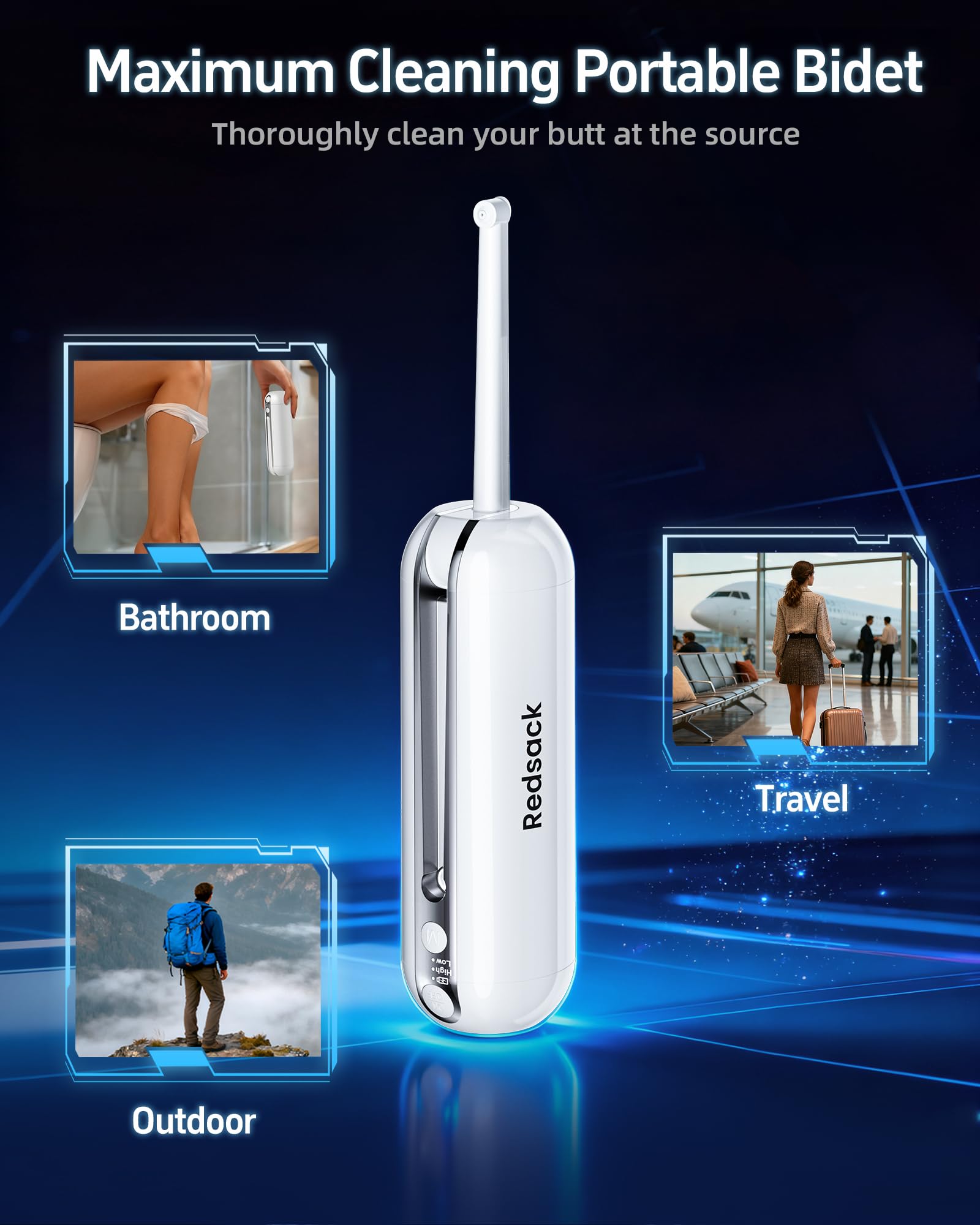 Redsack bidet showing flip open lid for quick refill during travel