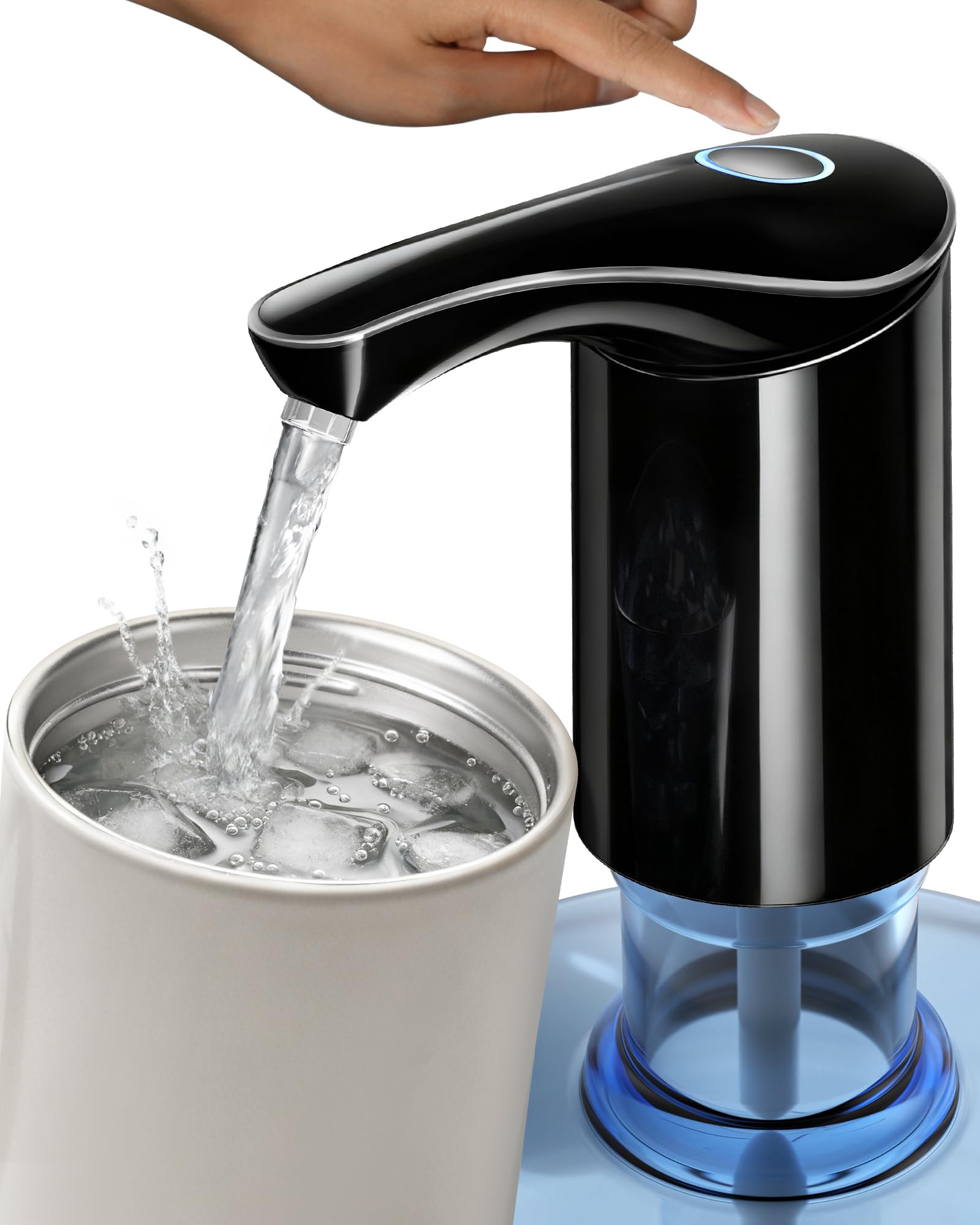 Redsack rechargeable water dispenser pump attached to a 5-gallon bottle for fast dispensing.