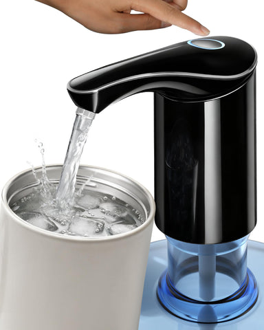 Redsack rechargeable water dispenser pump attached to a 5-gallon bottle for fast dispensing.