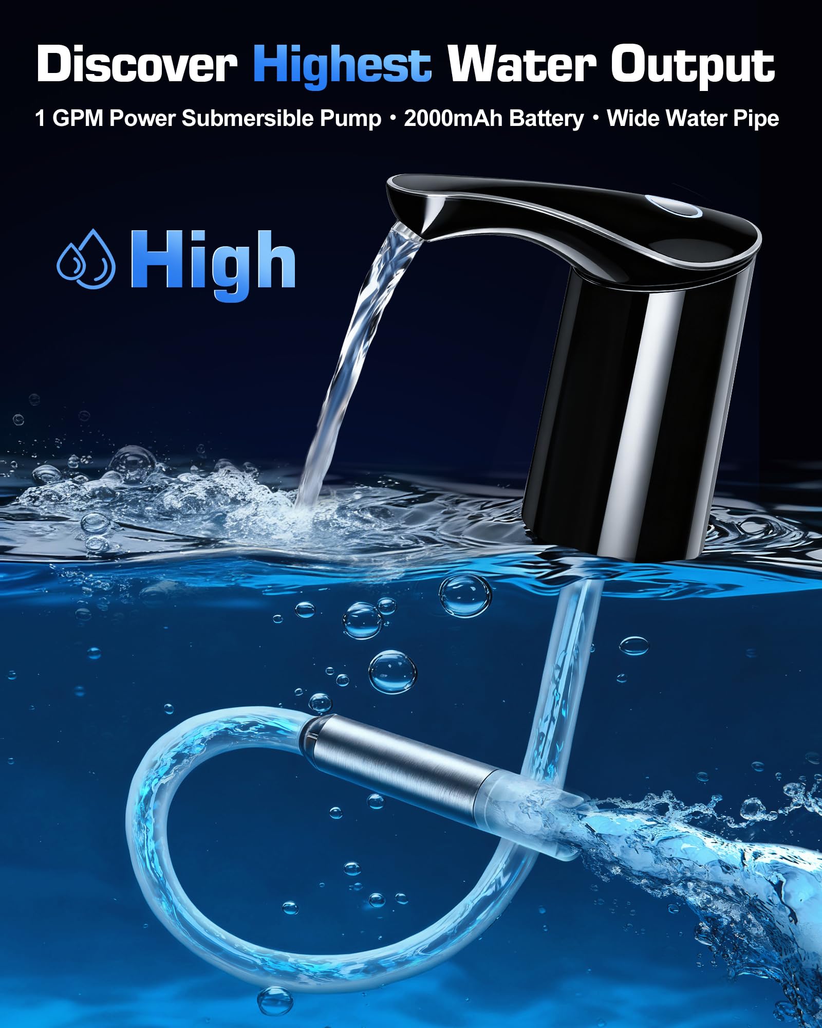 Redsack submersible pump resting in a water bucket delivers quiet, mess-free dispensing.