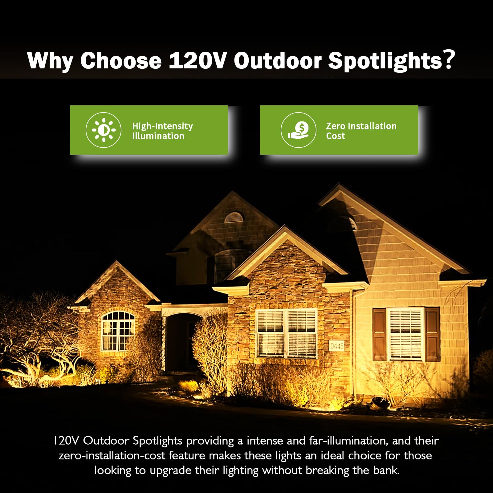 REEGOLD outdoor spotlight at dusk ambiance enhances yard safety and visibility.