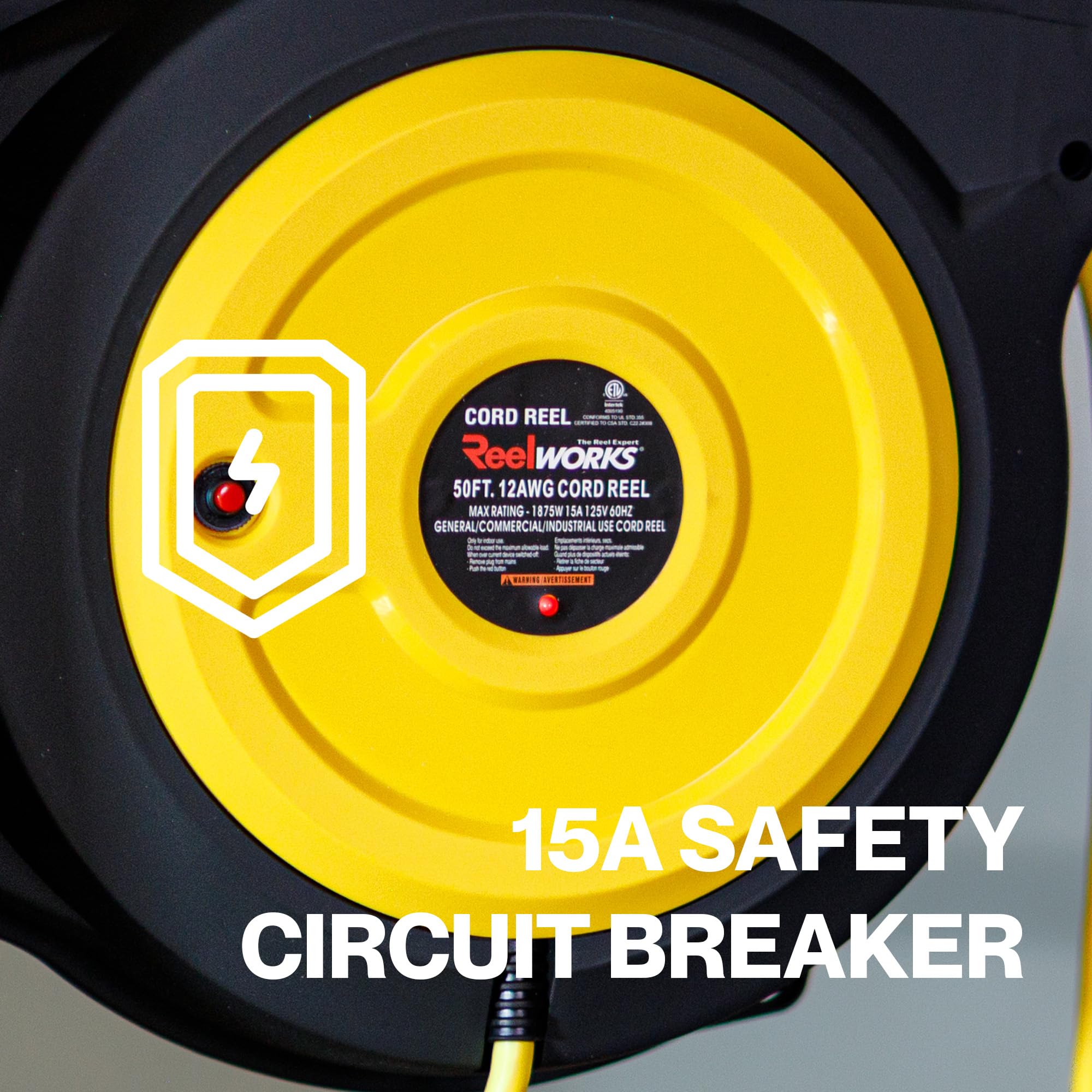 ReelWorks 50-foot 12AWG extension cord reel supports heavy-load circuits with flexibility.