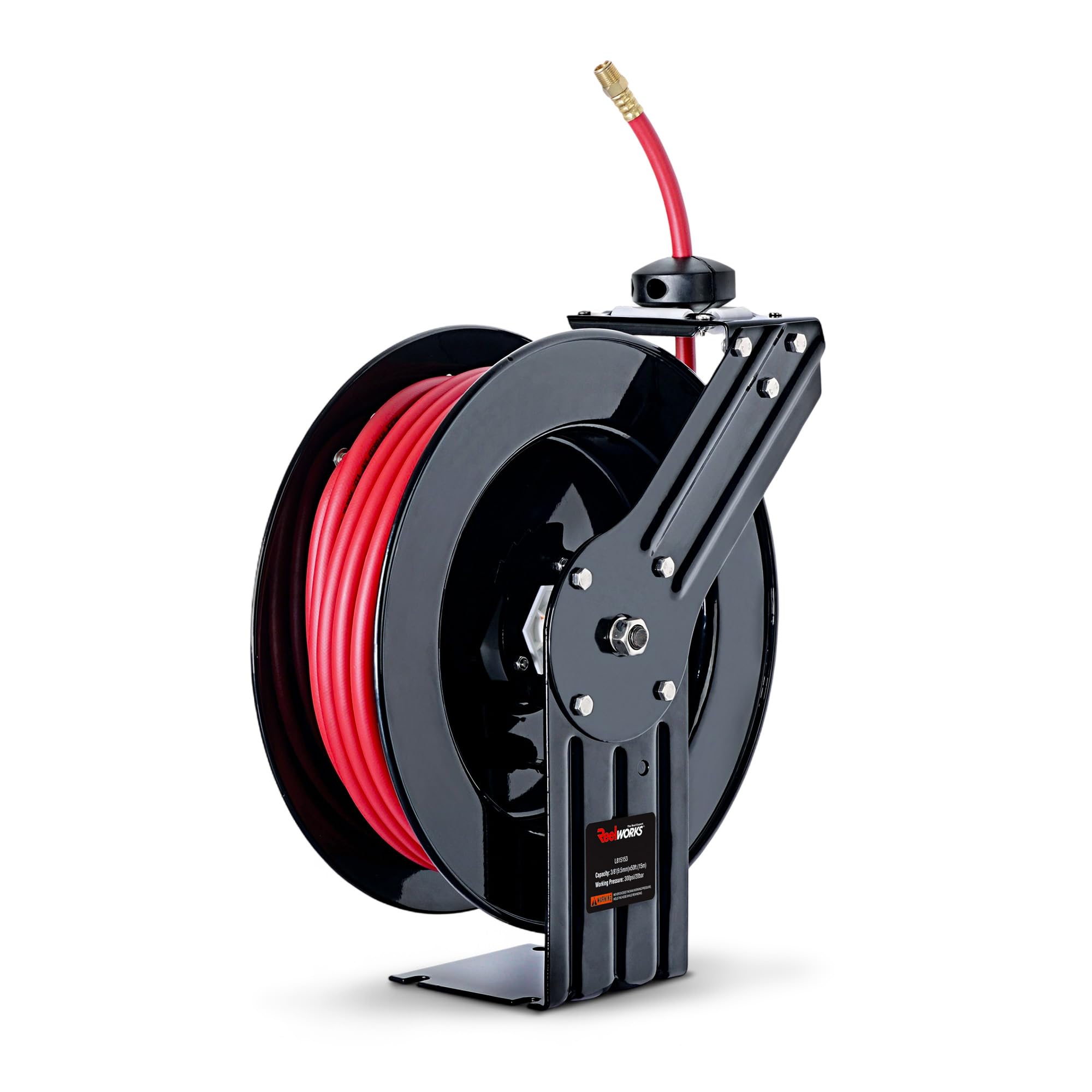 ReelWorks air hose reel mounted for easy reach in a tidy workshop.