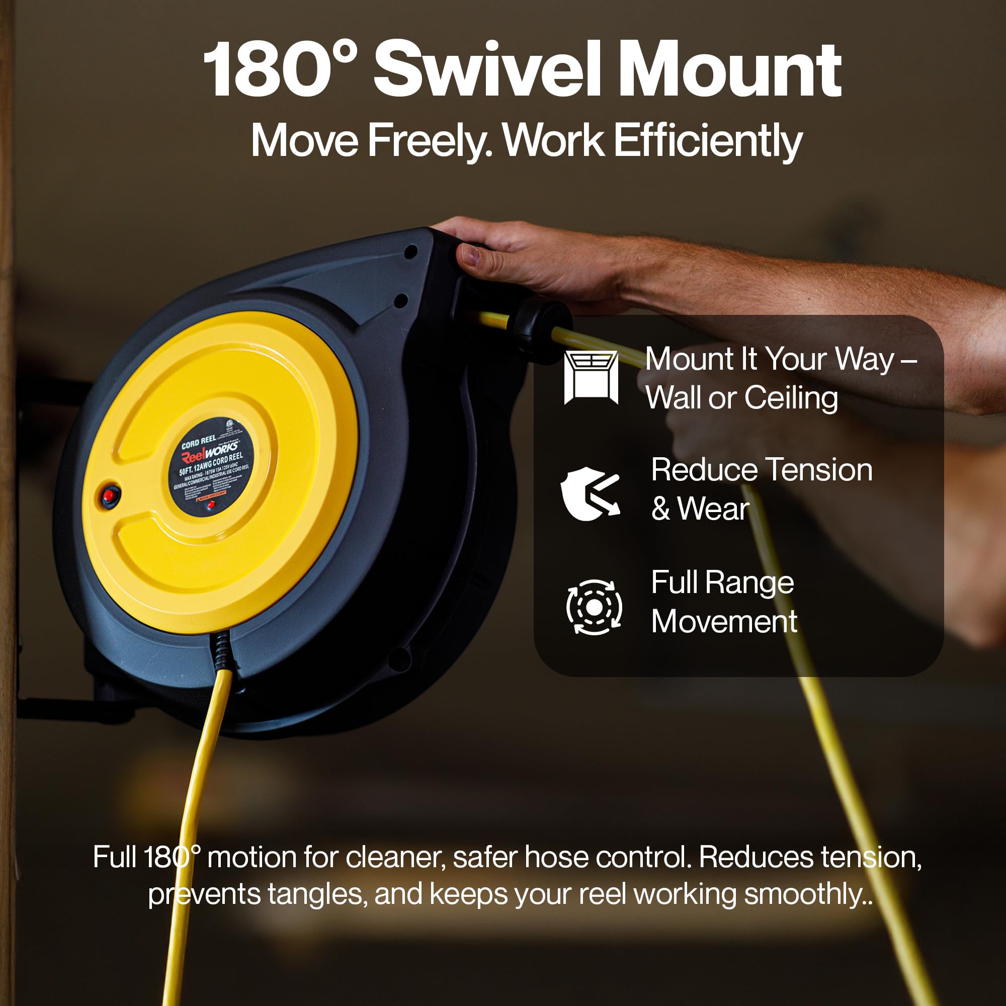 ReelWorks cord stop and non-snag rollers reduce wear for longer use.