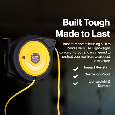 ReelWorks hard polypropylene case protects cord while resisting impact and weather.