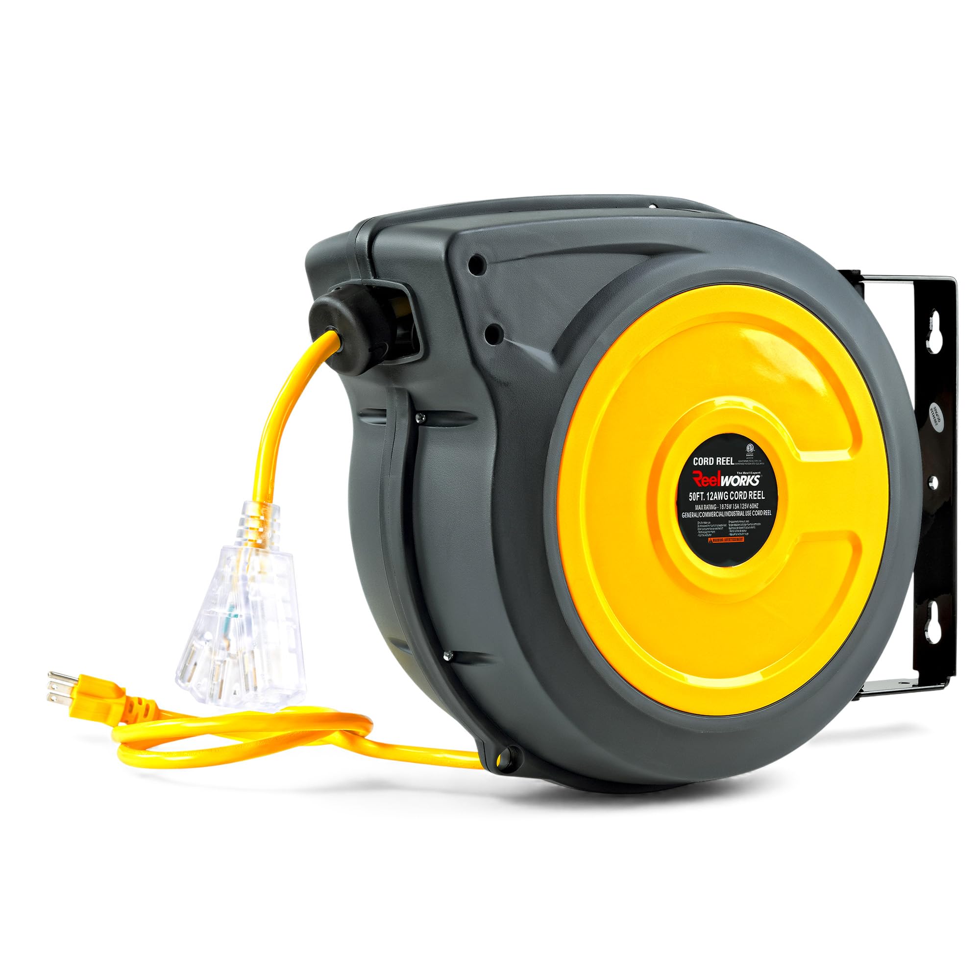 ReelWorks extension cord reel with glow strip for easy evening visibility and quick targeting.