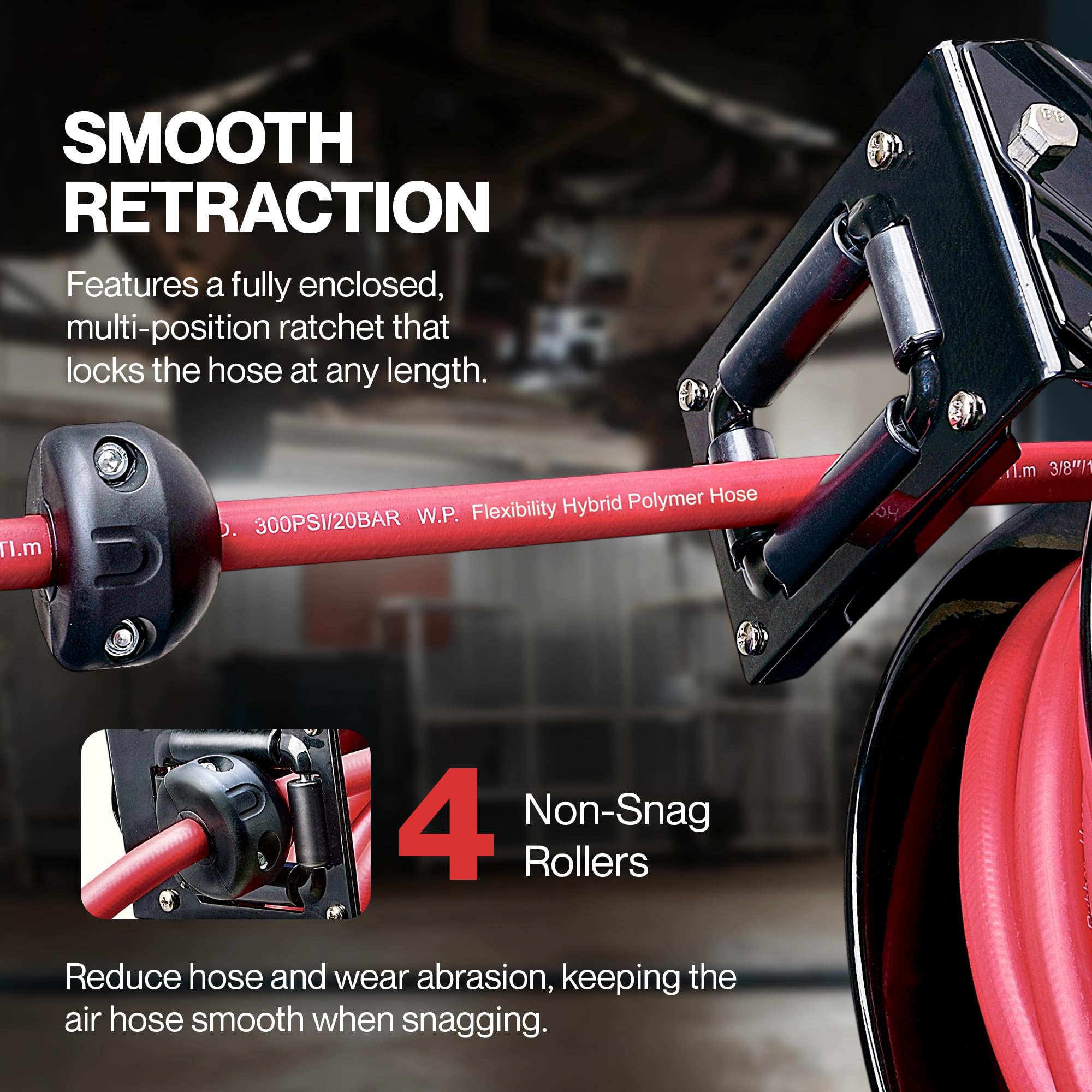 ReelWorks compact reel keeps hoses neatly coiled after use.