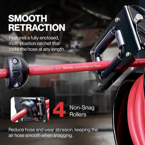 ReelWorks compact reel keeps hoses neatly coiled after use.