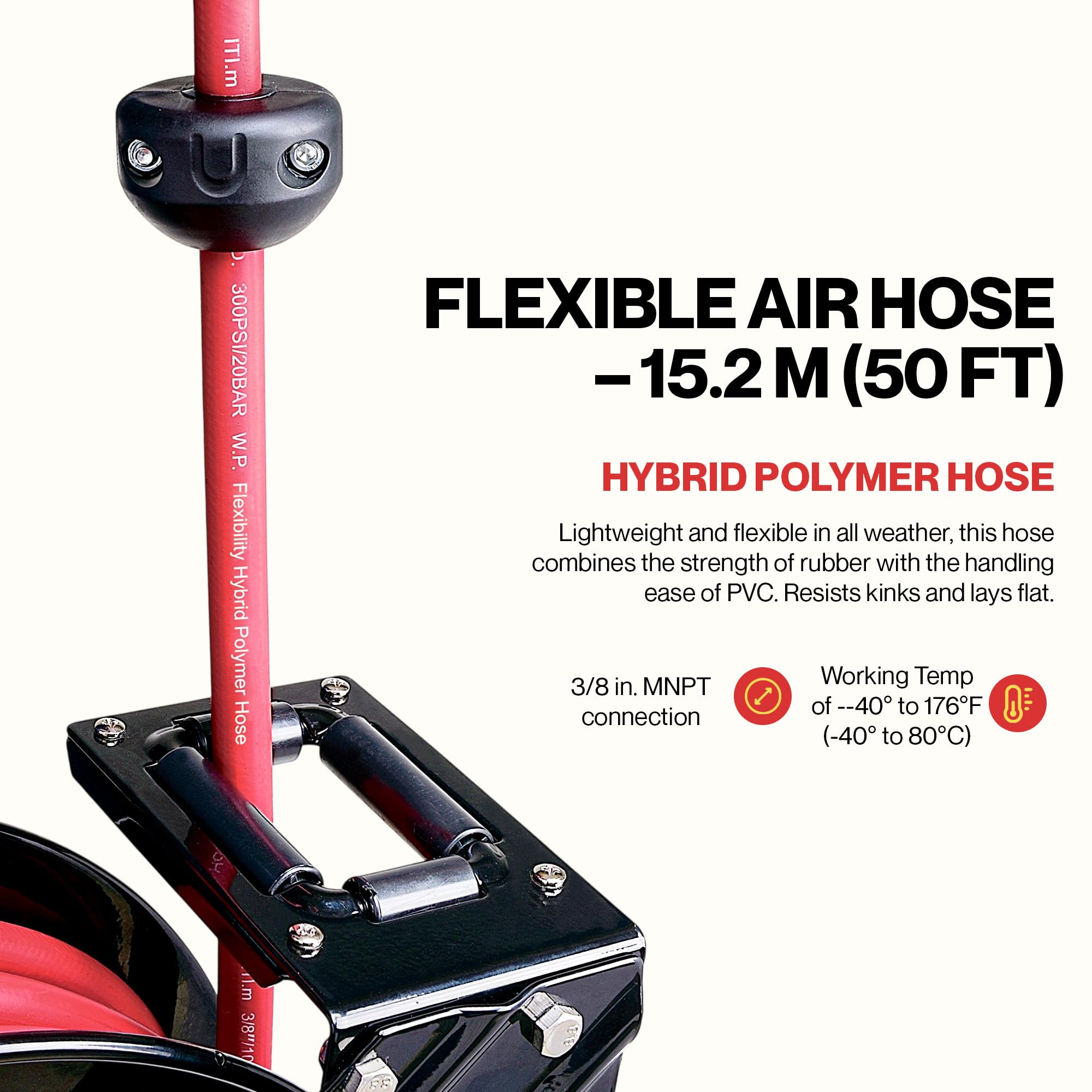 ReelWorks steel guide arm supporting precise angular pulls in busy spaces.