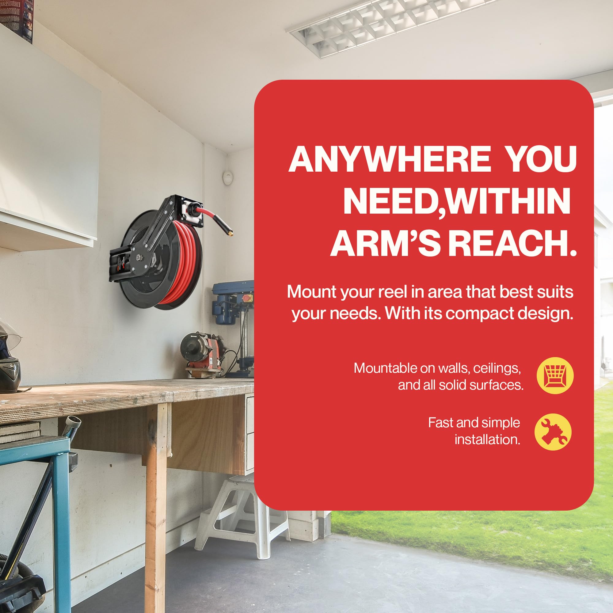 ReelWorks L-shaped mount base for stable, wall-mounted installation.